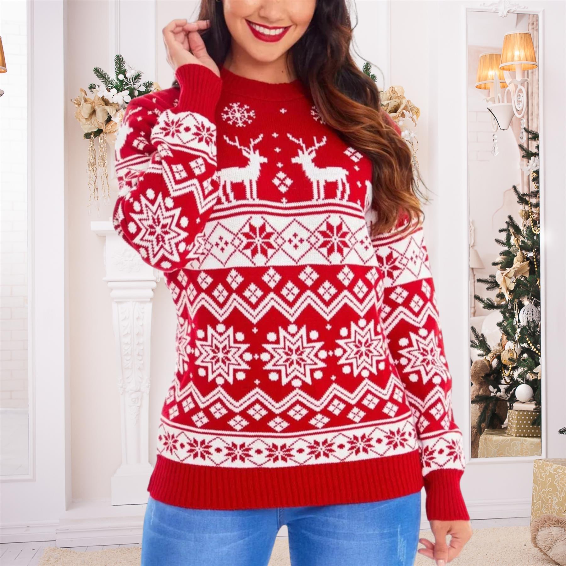 Christmas Reindeer Jumper Womens Knitted Funny Xmas Sweater Unisex Retro Jumpers - Picture 107 of 128