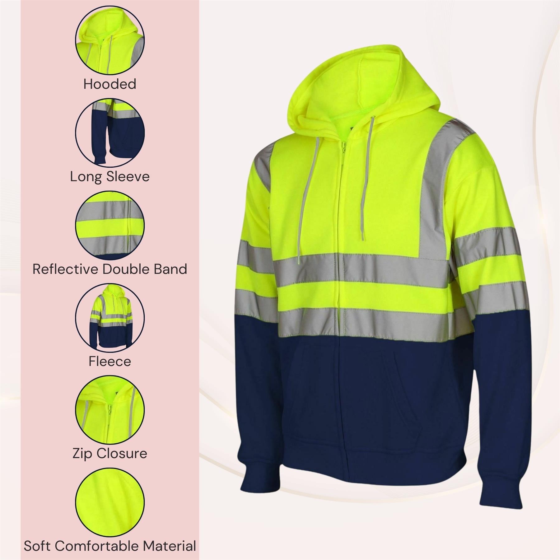 Nuevo Para Hombres Alta Visibilidad Sudadera con Capucha Visibilidad Cremallera Polar Trabajo Sudadera con Capucha Chaqueta - Imagen 21 de 21
