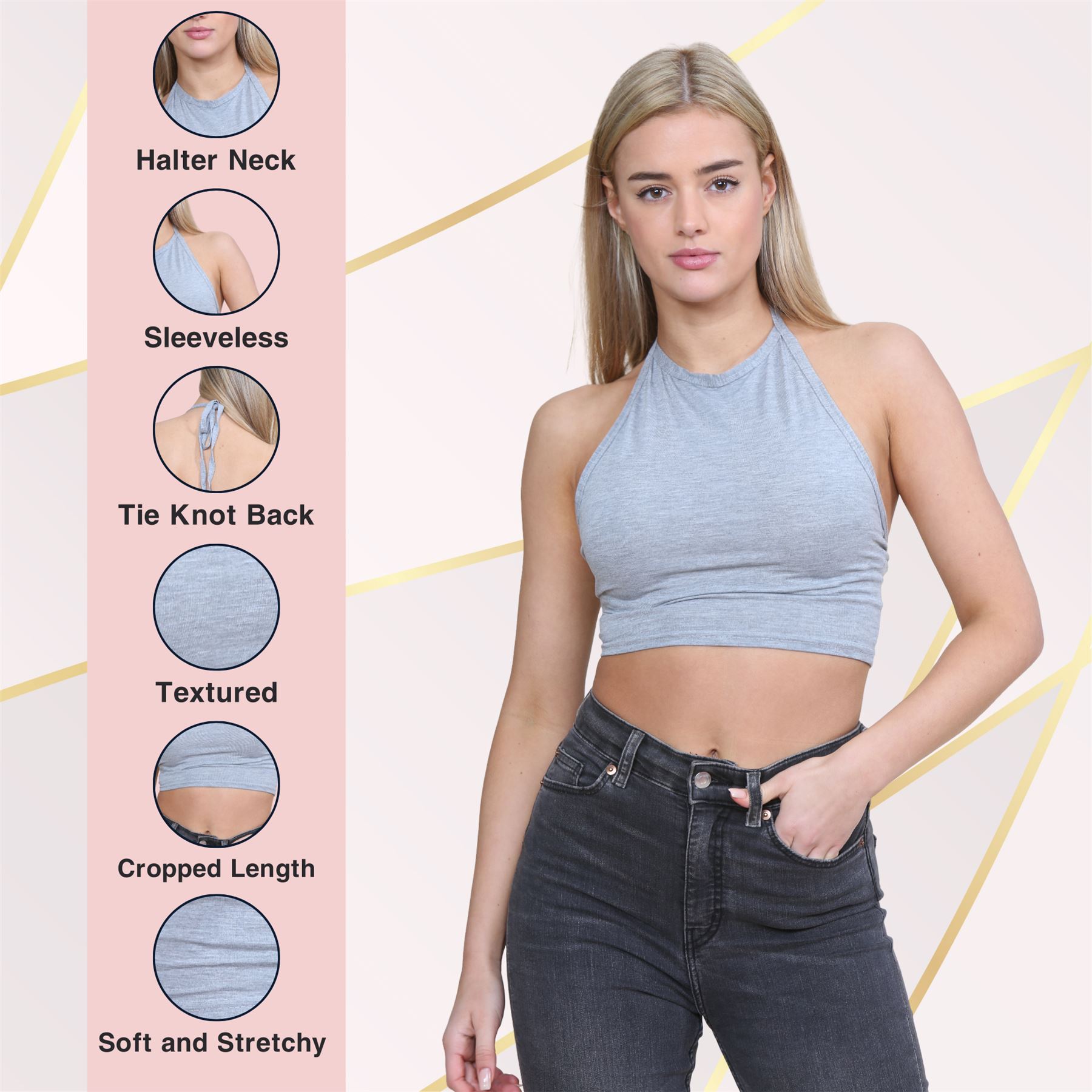 Halter Neck Crop Top Womens Vest Top Plain Tie Knot Top Basic Sleeveless T-Shirt - Picture 54 of 170