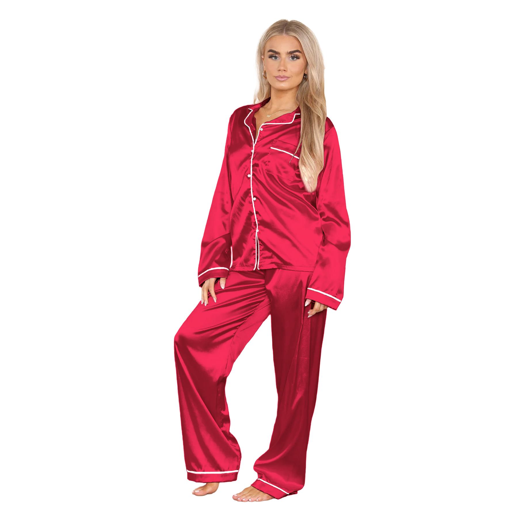 Conjunto de 2 piezas de pijama de satén de manga larga con botones camisa pantalón para damas - Imagen 27 de 43
