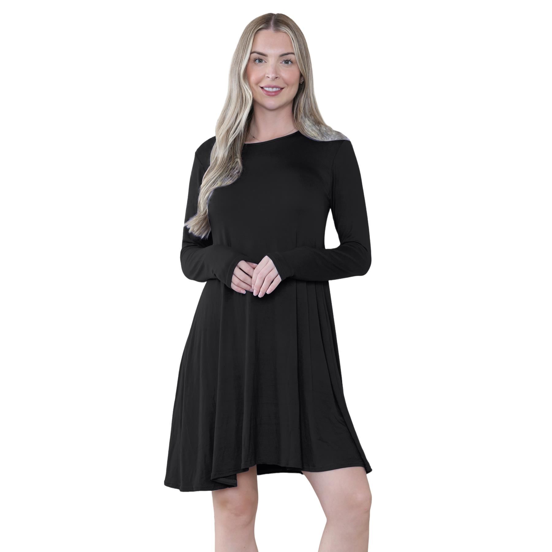 Damen Swing Kleid Uni Langarm Freizeit Ausgestellt A Linie Mini Oberteil Übergröße - Bild 7 von 100