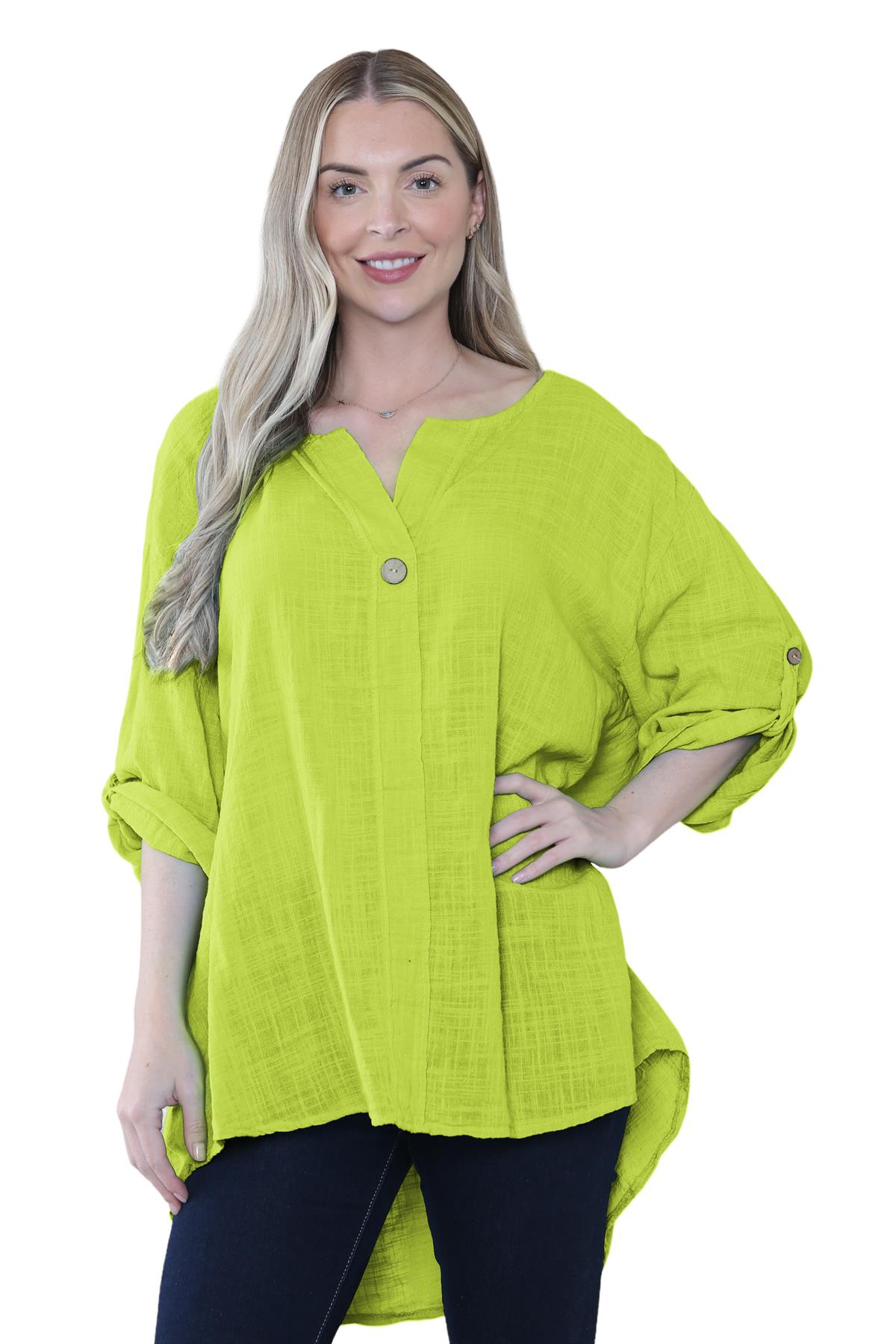 Camiseta informal lisa de lino y algodón con un botón de manga giratoria italiana para dama - Imagen 24 de 63