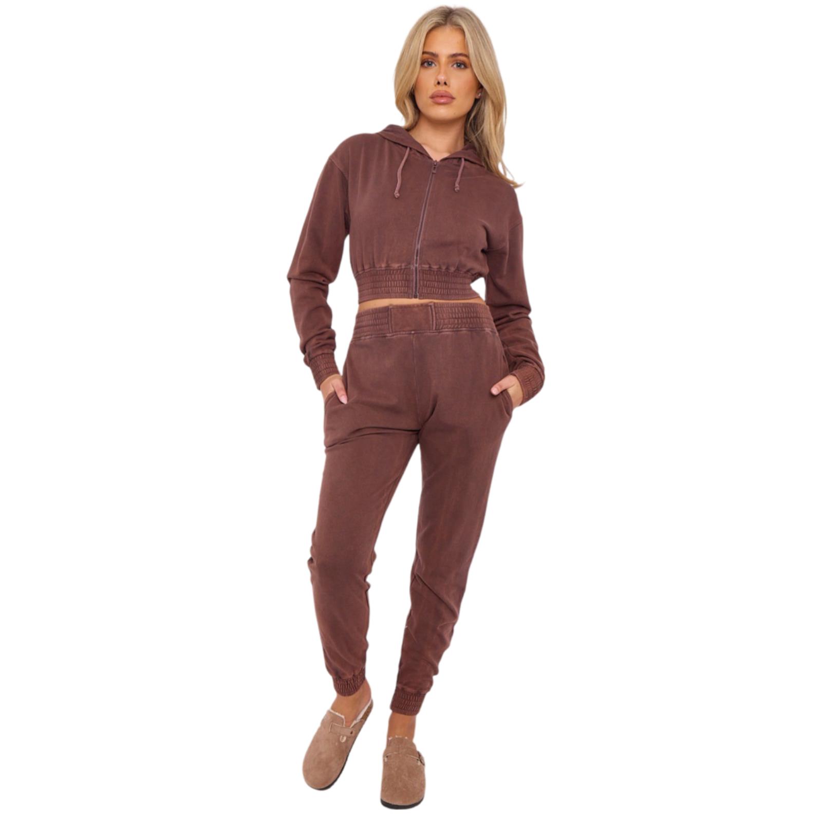 Womens Acid Wash Cropped Zip Hoodie Fleece Joggers Tracksuit 2Pcs Loungewear Set - Picture 8 of 24
