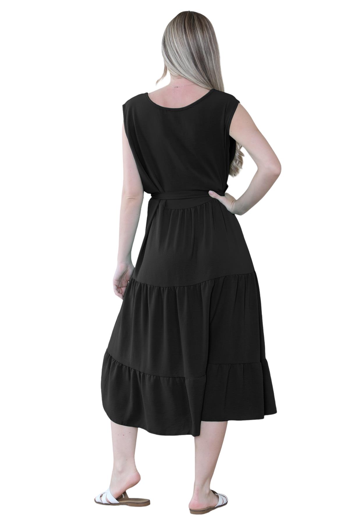 Womens Italian Smock Dress Sleeveless Belted Midi Dress Plain Frill Summer Dress - Picture 19 of 64