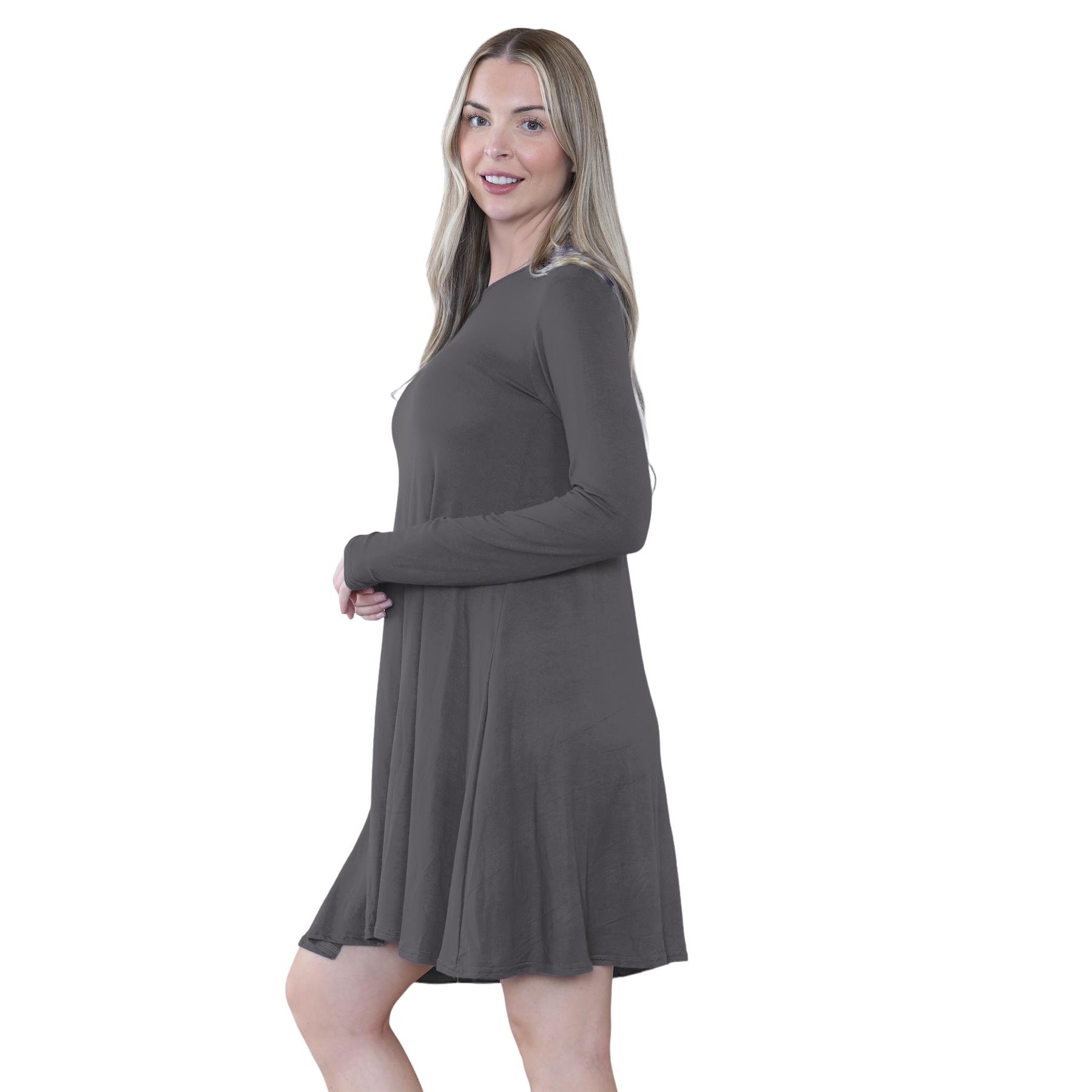 Damen Swing Kleid Uni Langarm Freizeit Ausgestellt A Linie Mini Oberteil Übergröße - Bild 22 von 100