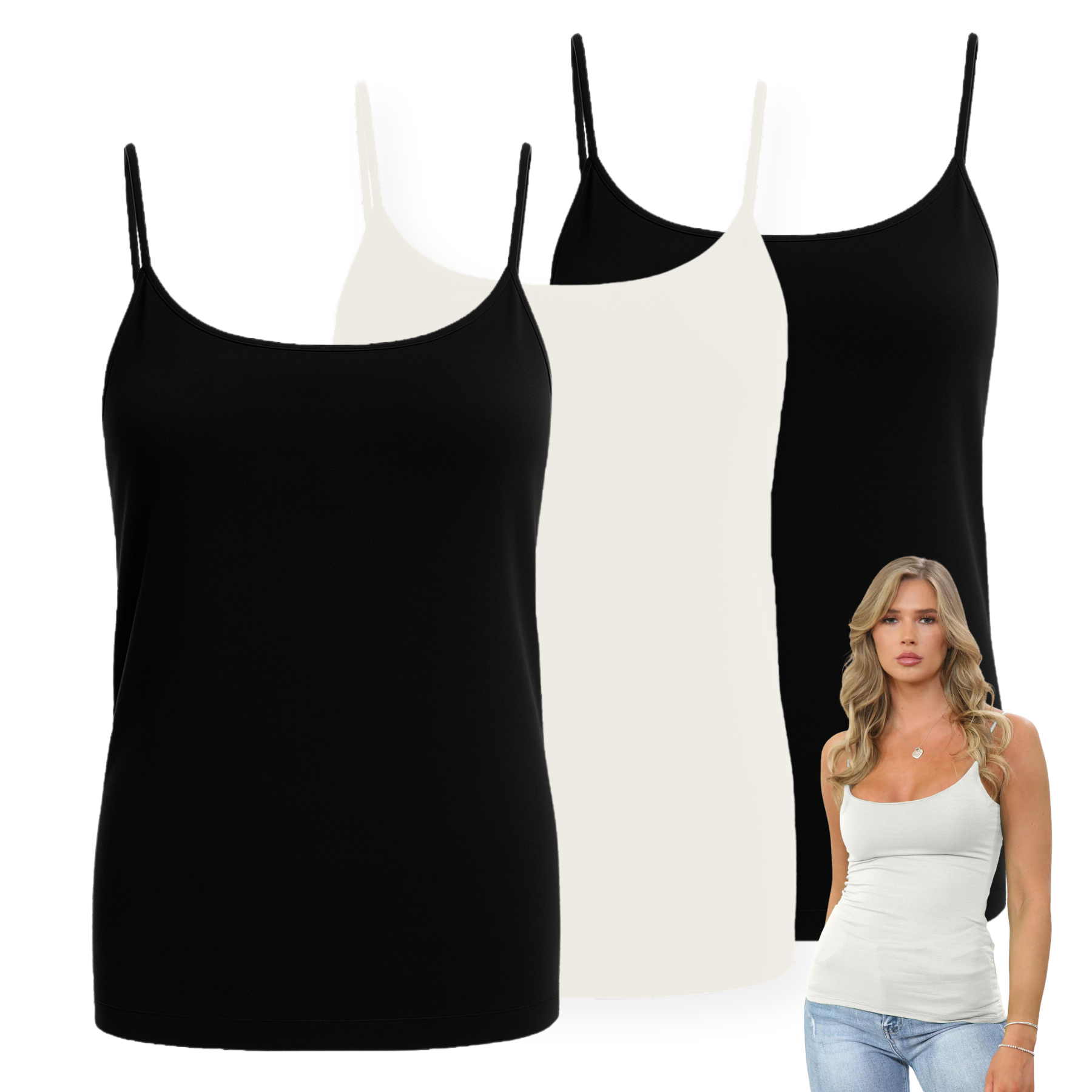 Womens Bodycon Cami Strappy Tank Top Plain Summer Activewear Vest Top, Pack of 3 - Picture 215 of 221