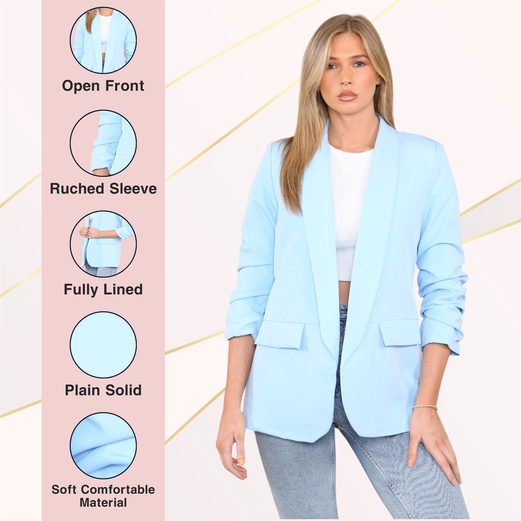 Blazer de manga acanalada para damas totalmente forrado cuello liso informal chaqueta de oficina top - Imagen 73 de 97