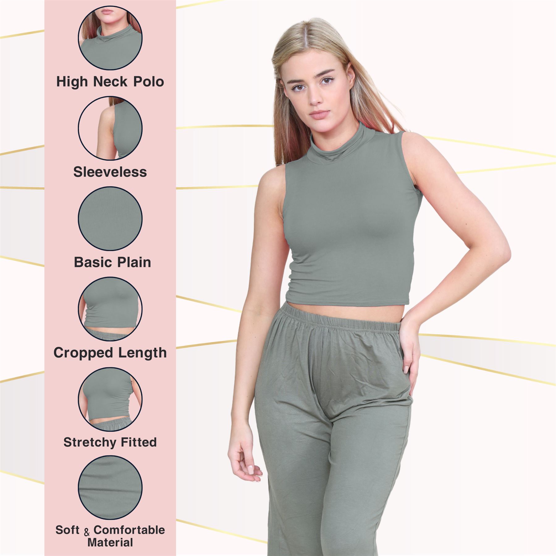 Womens Sleeveless Crop Top Ladies High Turtle Neck Plain Stretchy T-Shirt Vest - Picture 64 of 165