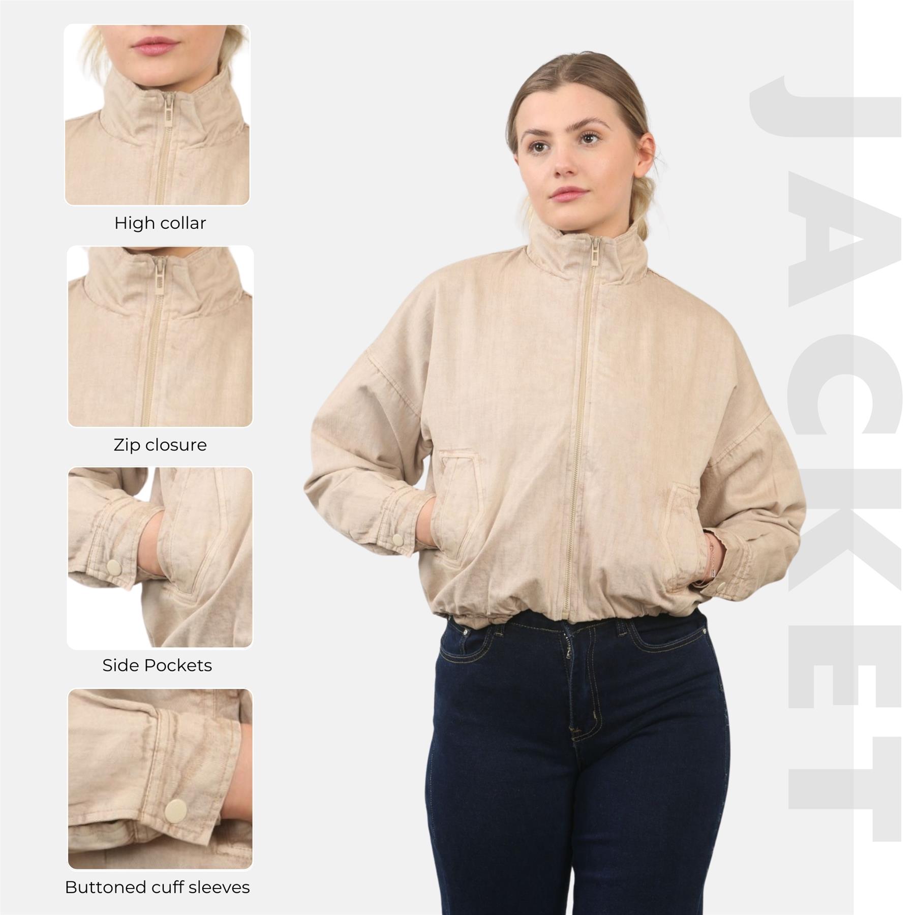 Damen-Bomberjacke Acid Washed lässig Reißverschlusskragen Oberbekleidung kurzer Wintermantel - Bild 17 von 18