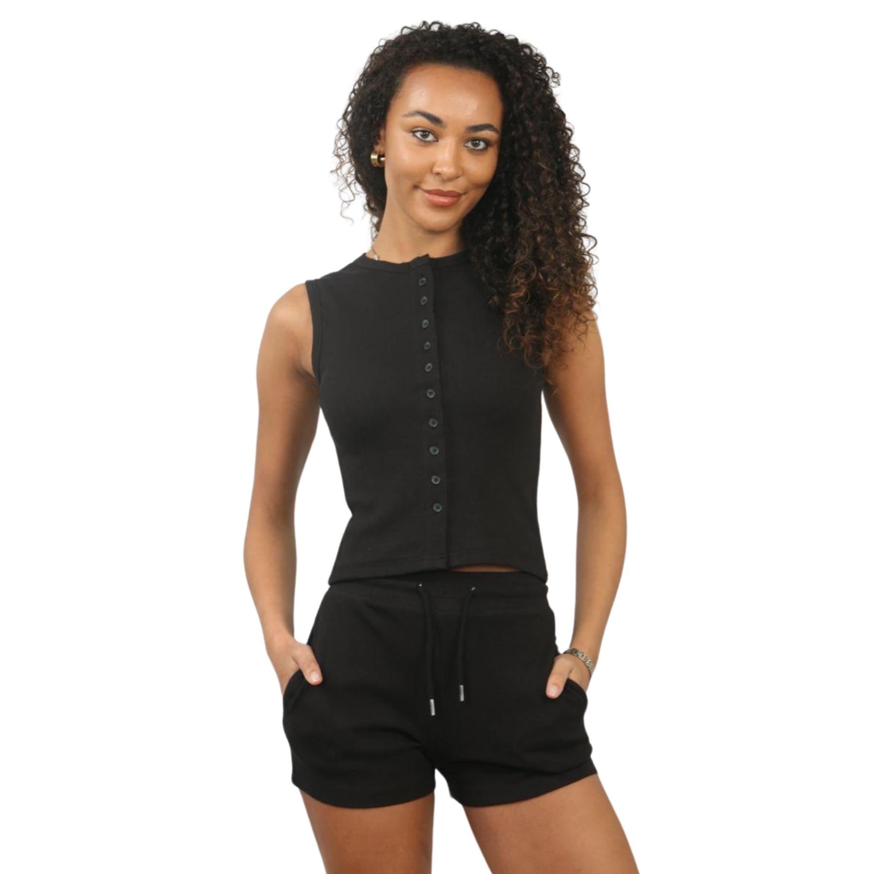 Damen Gerippt Ärmellos Knopfleiste Crop Top und Kordelzug Shorts Loungewear Set - Bild 9 von 49