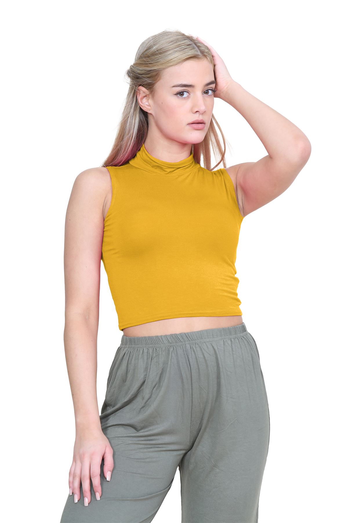 Womens Sleeveless Crop Top Ladies High Turtle Neck Plain Stretchy T-Shirt Vest - Picture 72 of 165