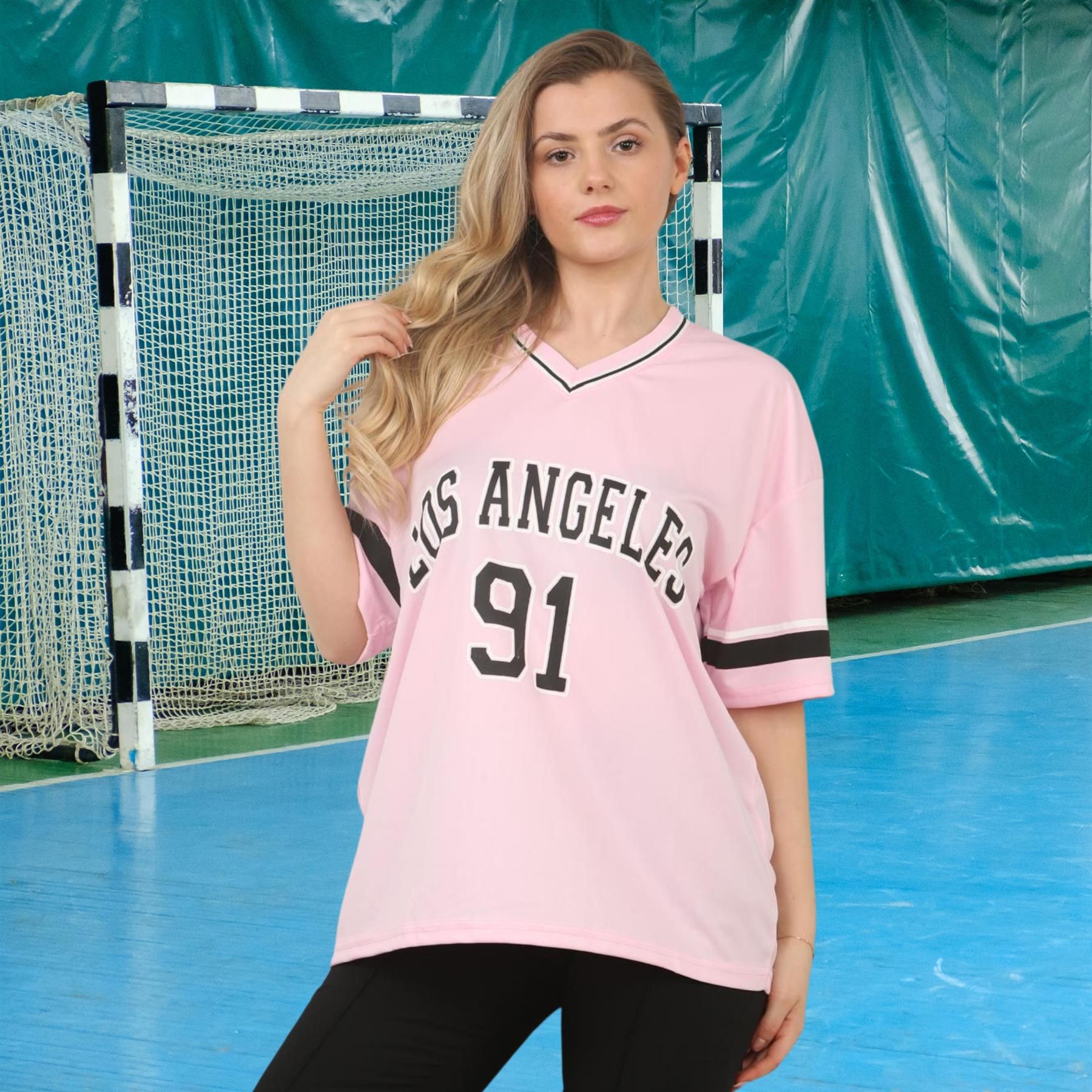 Camiseta de mujer de gran tamaño cuello en V LA 91 fútbol americano universitario holgada verano top - Imagen 8 de 50