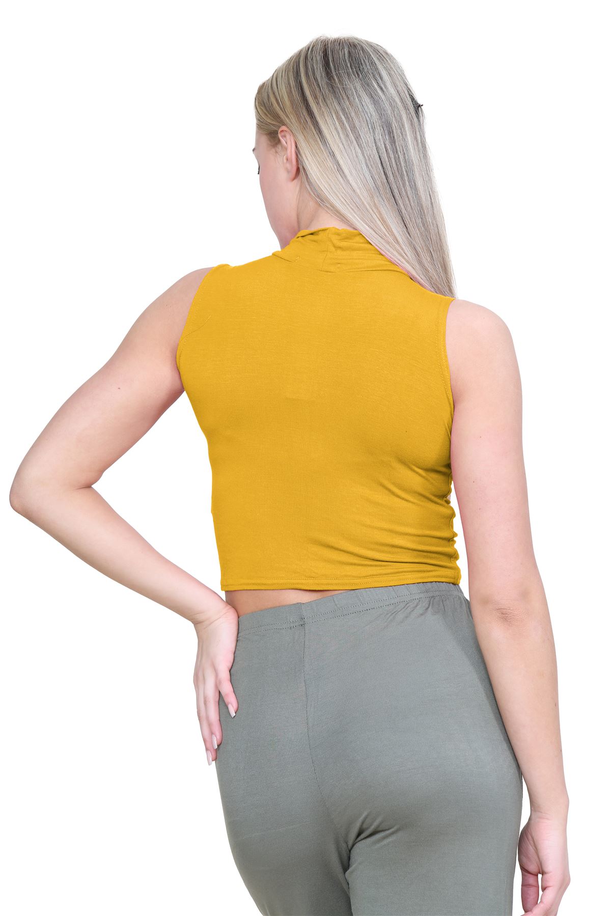Womens Sleeveless Crop Top Ladies High Turtle Neck Plain Stretchy T-Shirt Vest - Picture 73 of 165