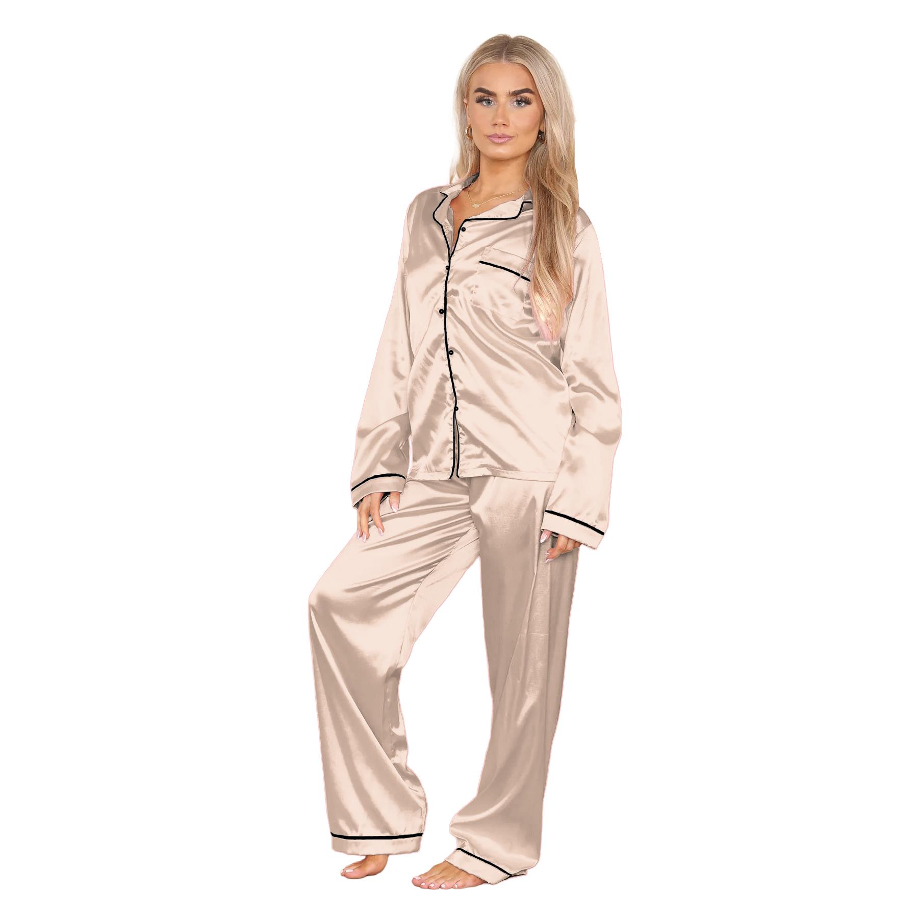 Conjunto de 2 piezas de pijama de satén de manga larga con botones camisa pantalón para damas - Imagen 39 de 43