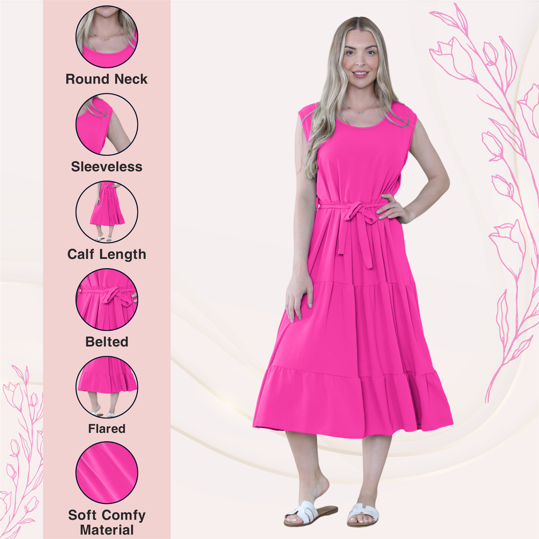 Womens Italian Smock Dress Sleeveless Belted Midi Dress Plain Frill Summer Dress - Picture 26 of 64
