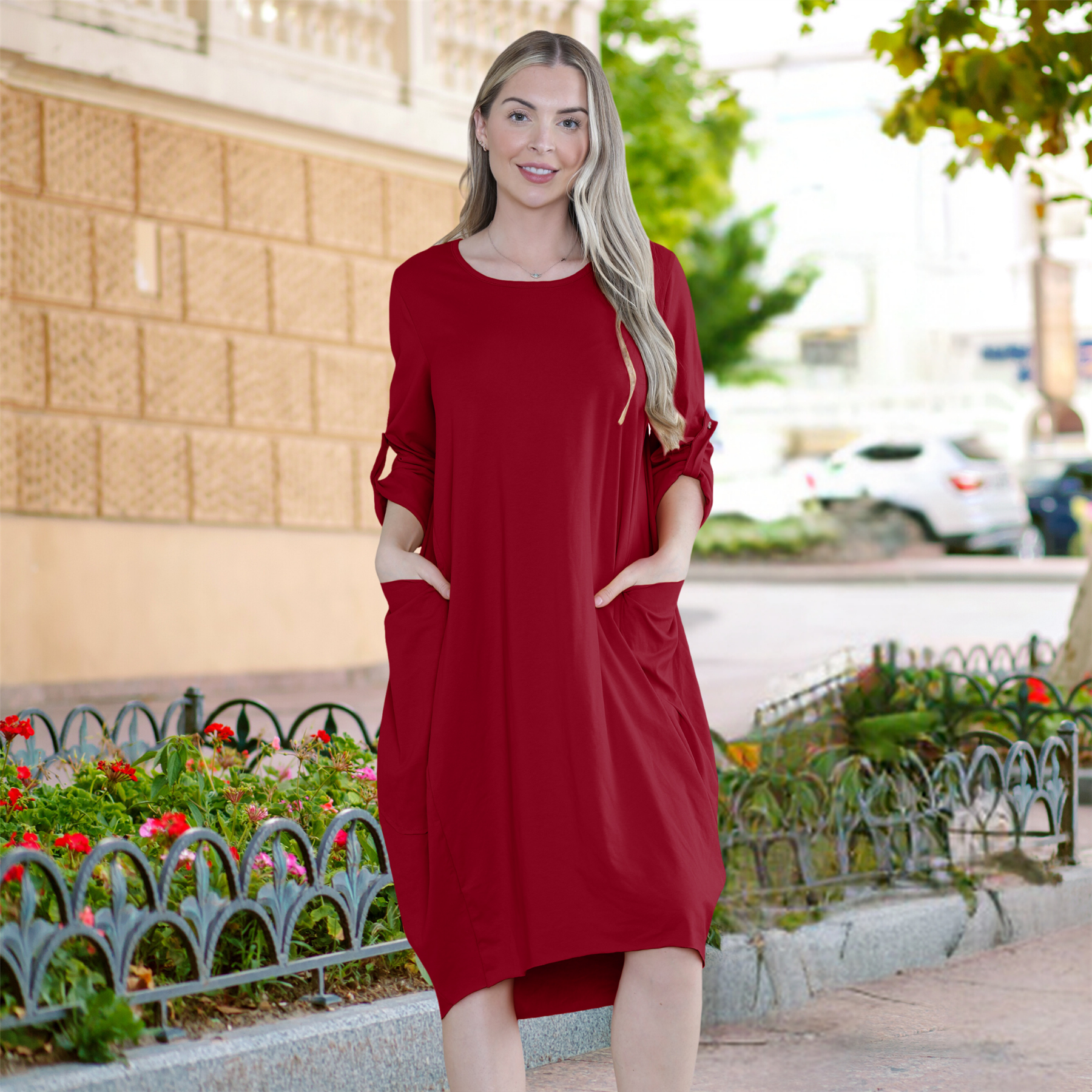 Vestido túnica italiana con mangas giratorias para damas Vestido Lagenlook Bolsillos lisos Vestido holgado - Imagen 45 de 45