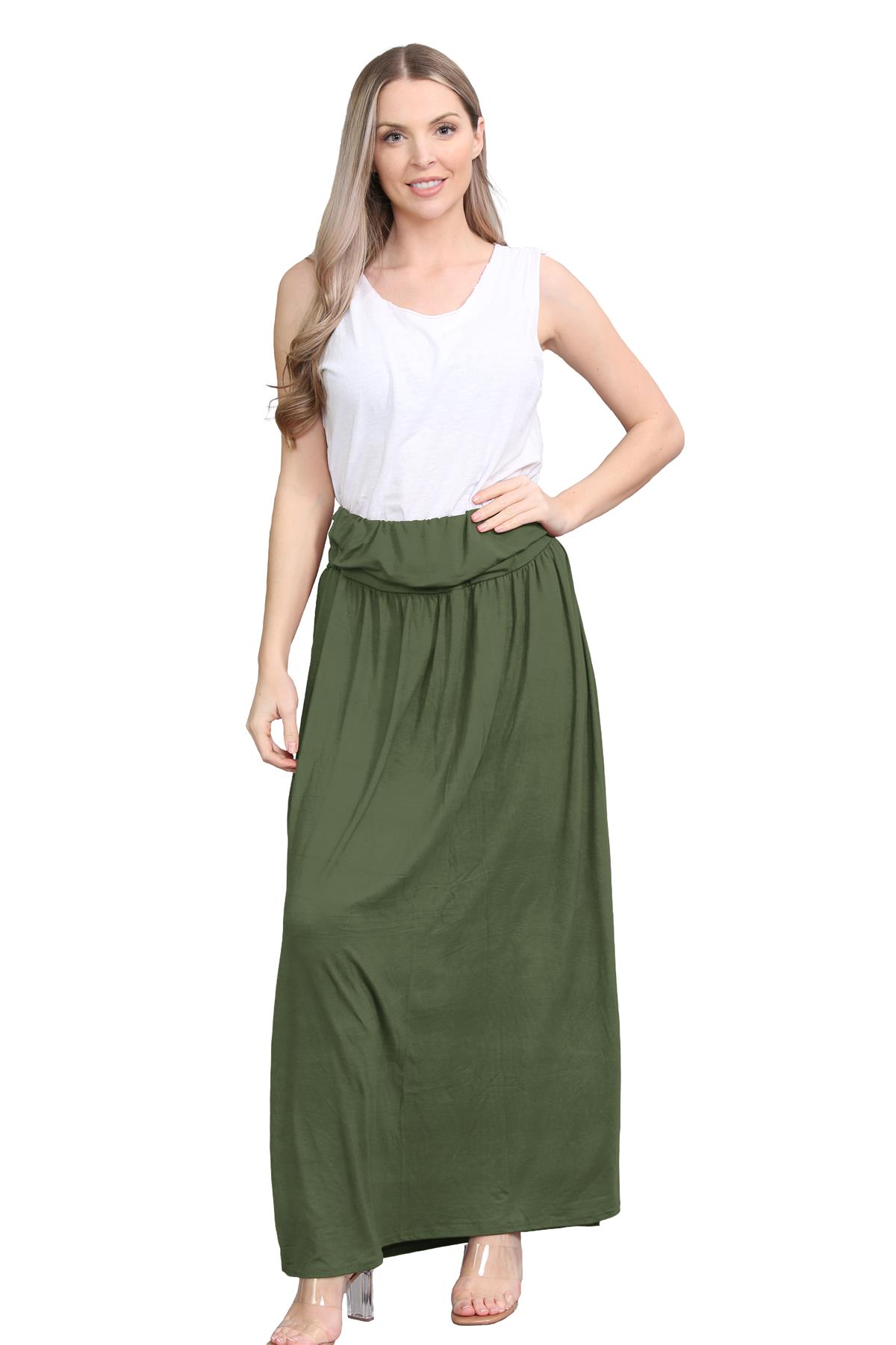 Womens Fold Over Maxi Skirt Plain Pleated Waist Jersey Summer Gypsy Long Skirt - Picture 27 of 68