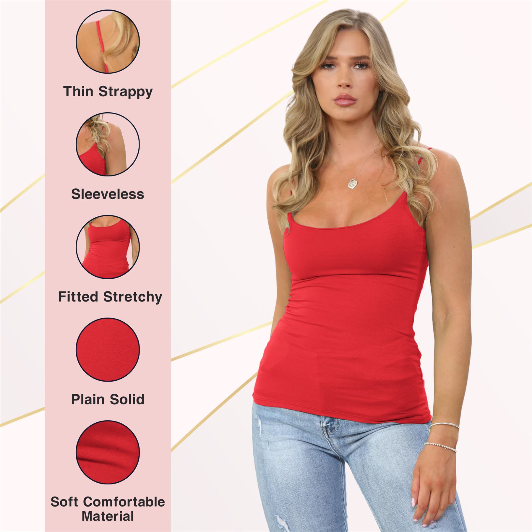 Womens Bodycon Cami Strappy Tank Top Plain Summer Activewear Vest Top, Pack of 3 - Picture 147 of 221