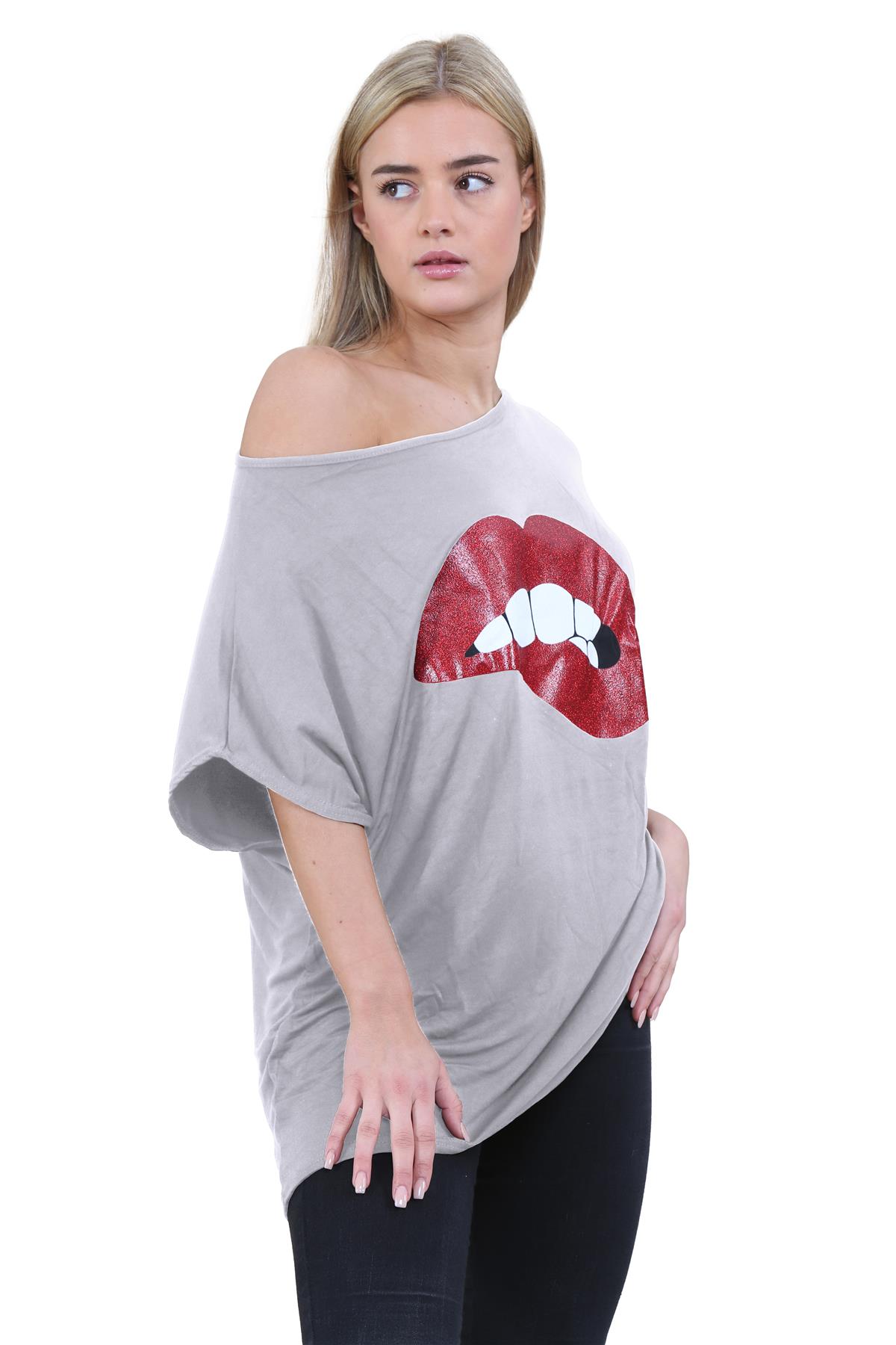 Womens Off Shoulder Top Batwing Sleeve Bardot Oversized T Shirt Plain Summer Top - Picture 167 of 225