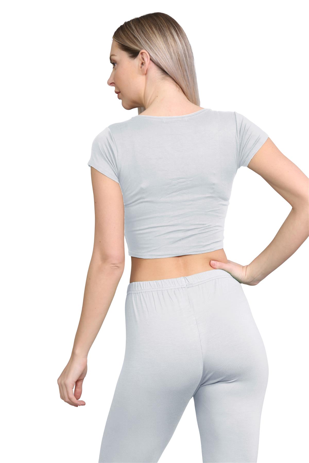 Damen Trainingsanzug Kurzarm Crop Top Sport Legging Workout Aktiv Lounge Set - Bild 46 von 148