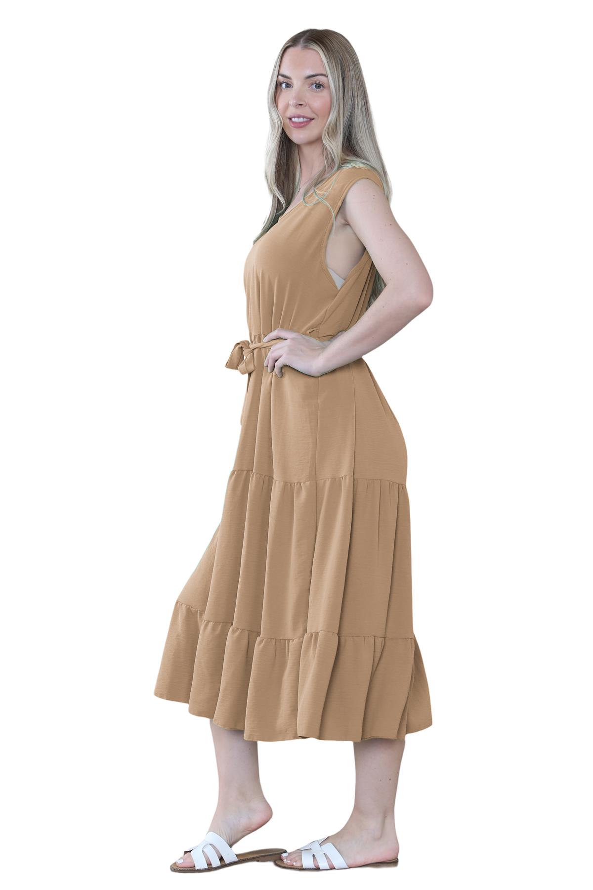 Womens Italian Smock Dress Sleeveless Belted Midi Dress Plain Frill Summer Dress - Picture 30 of 64