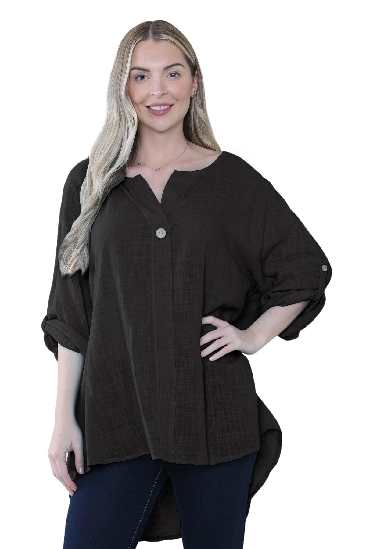 Camiseta informal lisa de lino y algodón con un botón de manga giratoria italiana para dama - Imagen 2 de 63