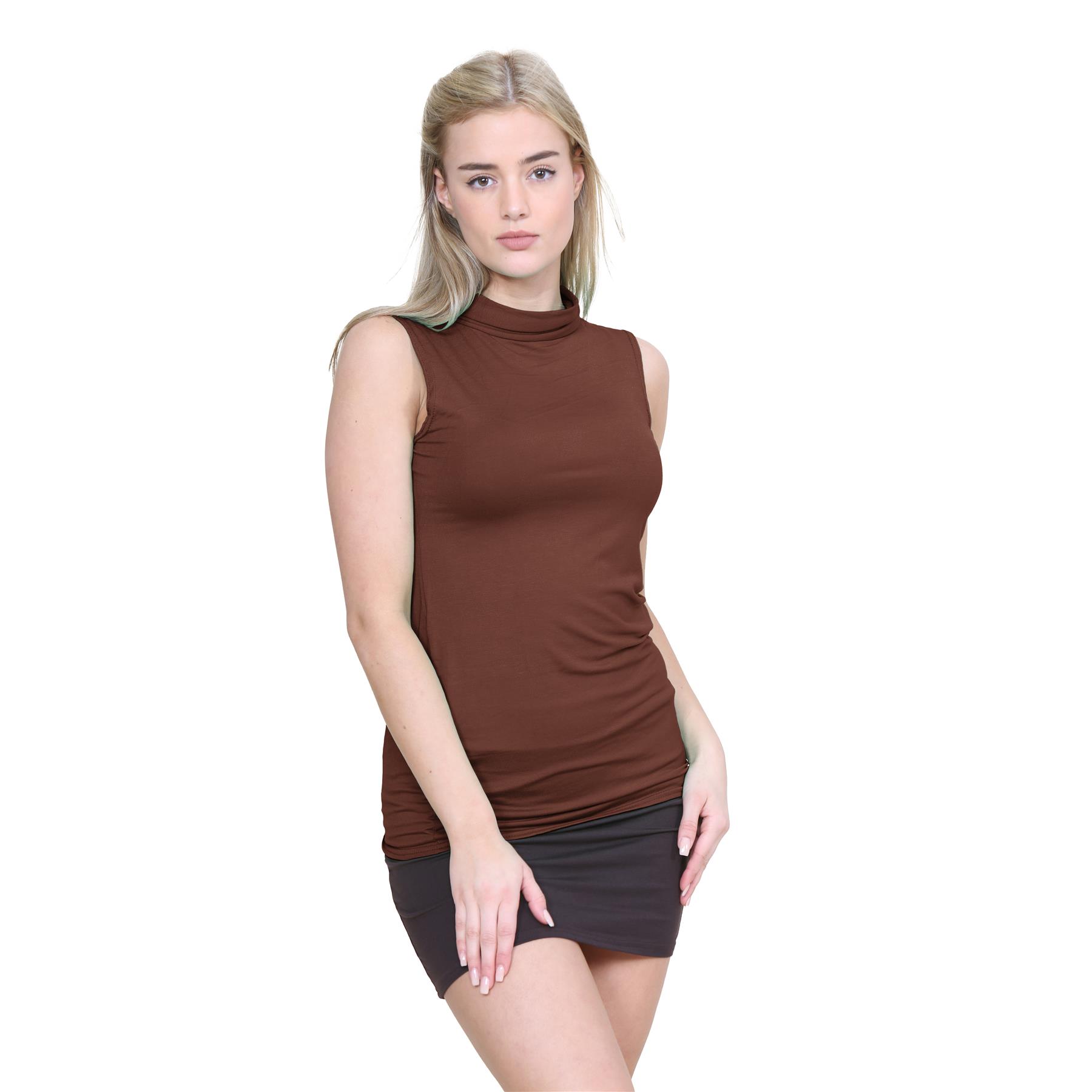 Womens Turtle Polo Neck T-Shirt Plain Stretch Sleeveless Bodycon Vest Tee Top - Picture 4 of 25