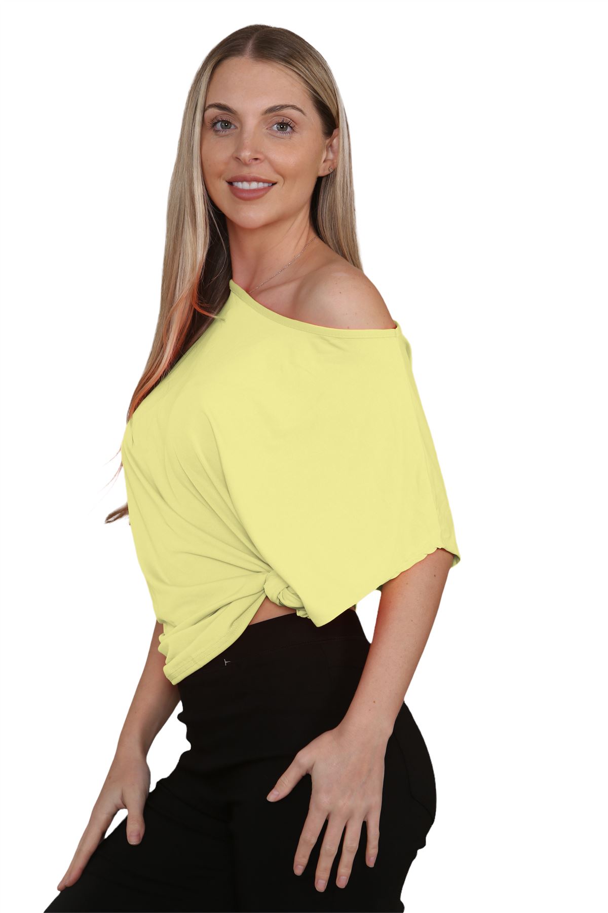 Womens Oversized T Shirt Top Short Sleeve Tie Knot Bardot Off Shoulder Crop Top - Picture 65 of 65