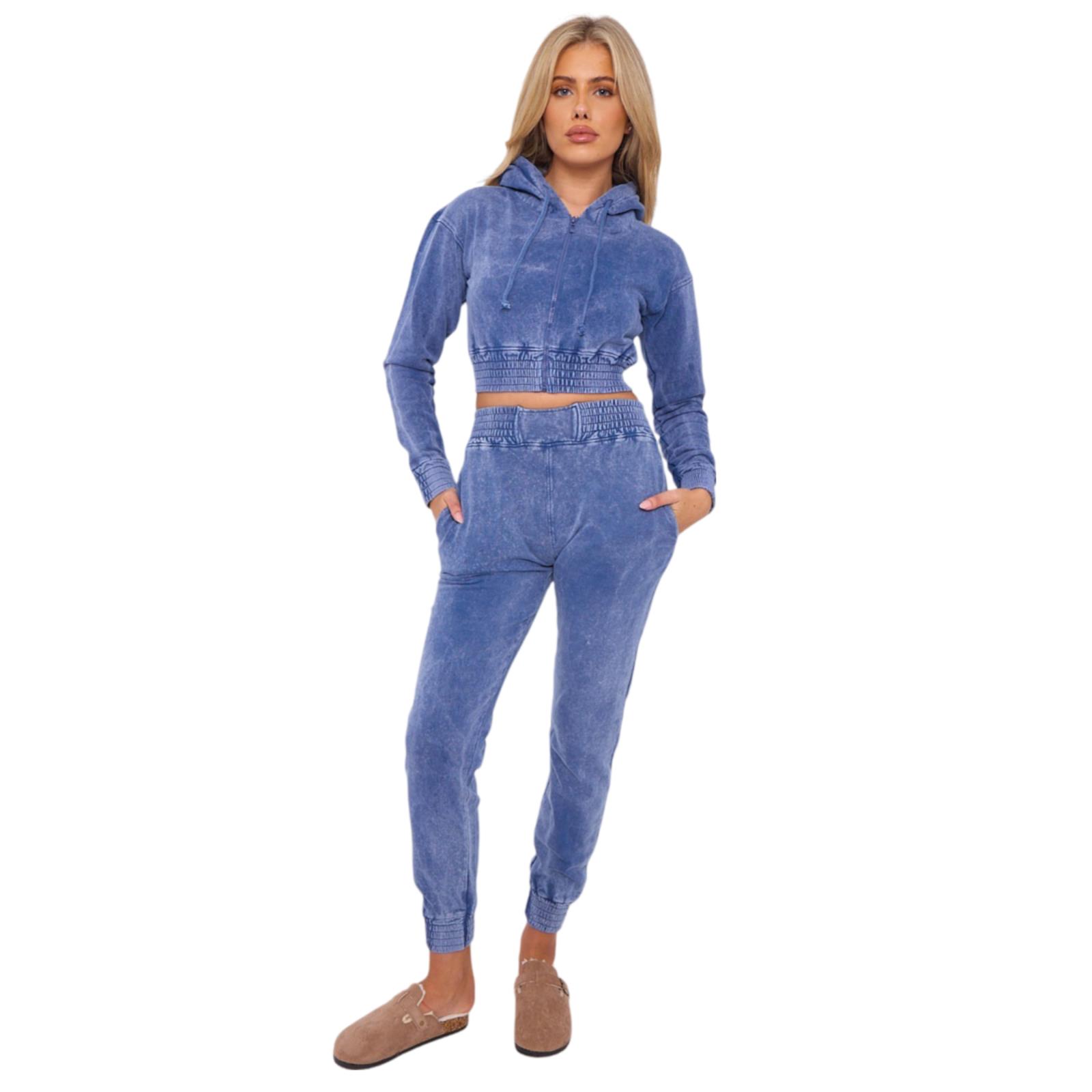 Womens Acid Wash Cropped Zip Hoodie Fleece Joggers Tracksuit 2Pcs Loungewear Set - Picture 2 of 24