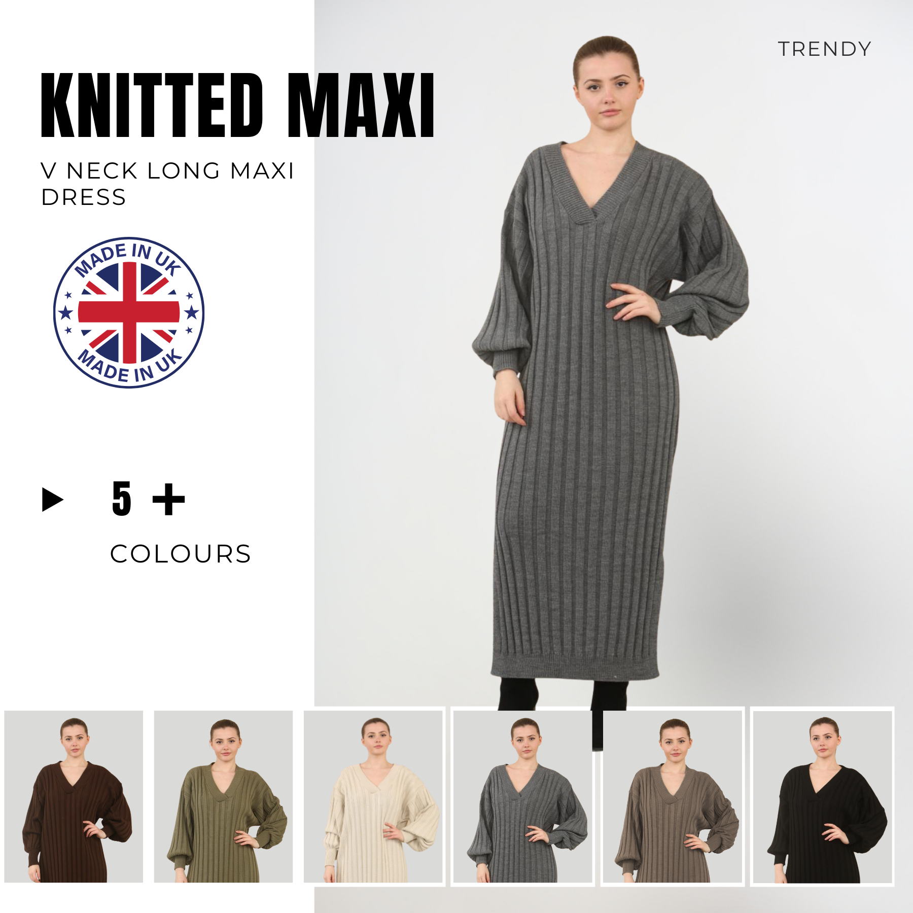 Womens Knitted Maxi Dress V-Neck Long Balloon Sleeve Jumper Longline Warm  Dress | eBay