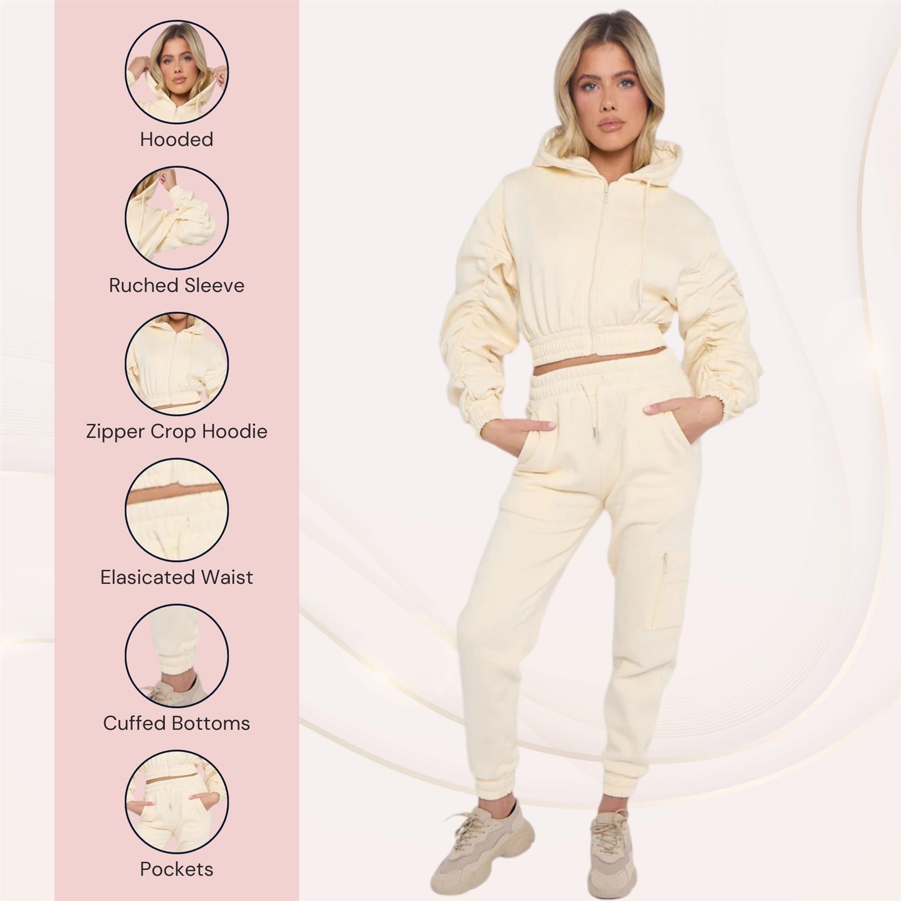 Damas Traje de chándal 2 piezas Juego de salón Mangas fruncidas Sudadera con capucha recortadas Ropa de salón - Imagen 19 de 44