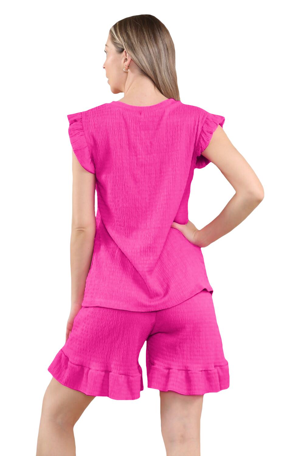 Conjunto corto de 2 piezas italiano para mujer conjunto de ropa de salón de verano con volantes sin mangas - Imagen 16 de 61