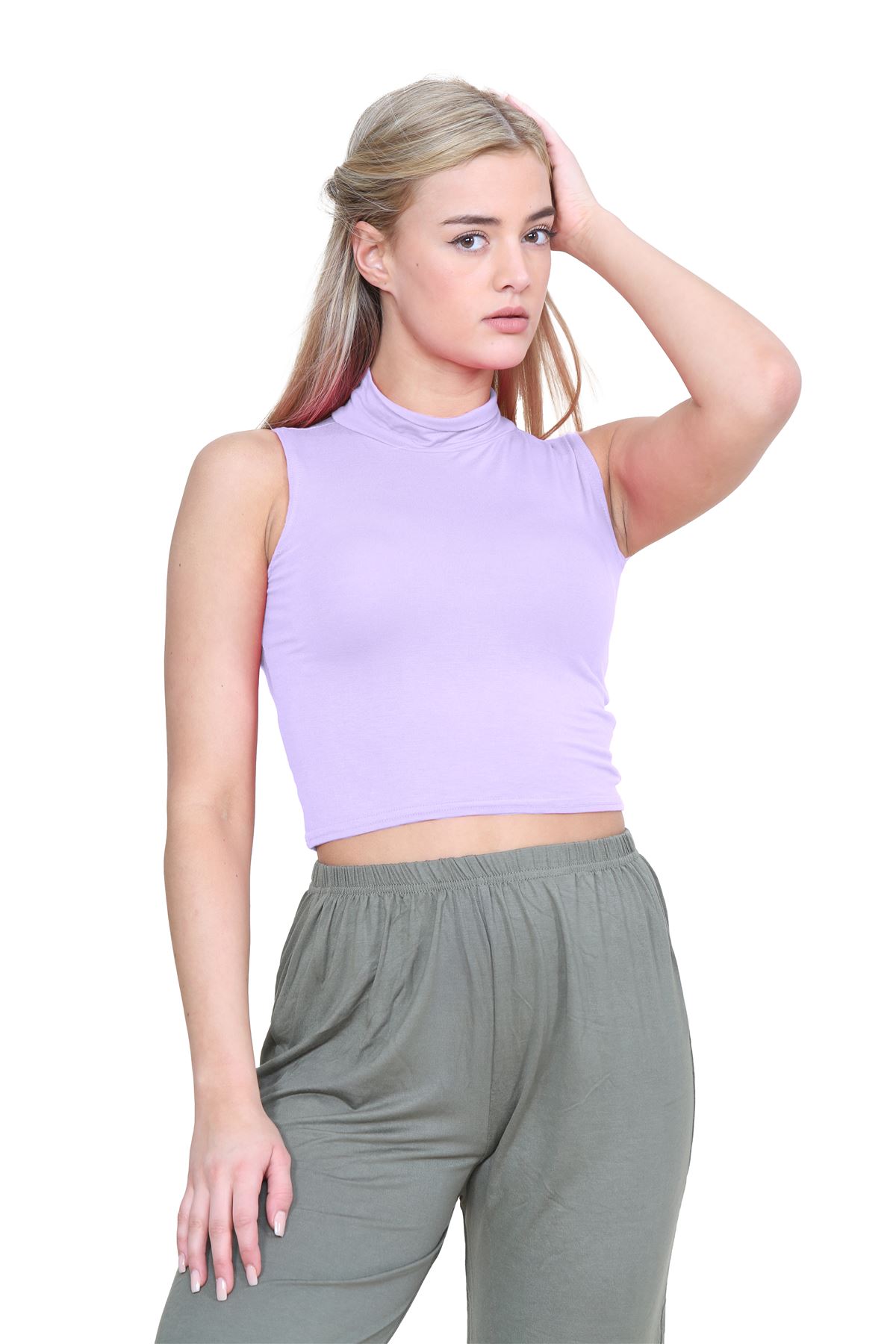 Womens Sleeveless Crop Top Ladies High Turtle Neck Plain Stretchy T-Shirt Vest - Picture 67 of 165