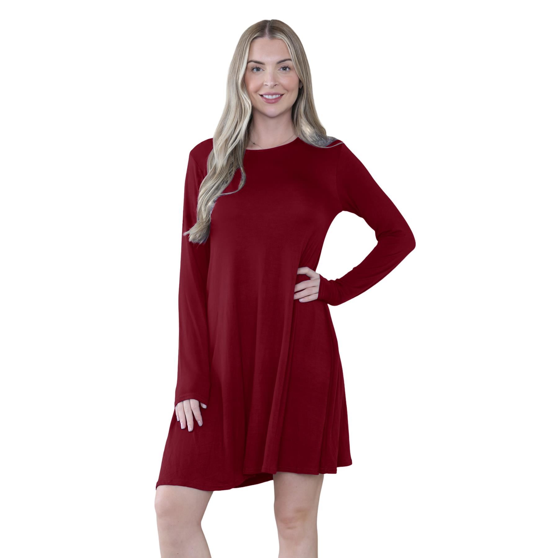 Damen Swing Kleid Uni Langarm Freizeit Ausgestellt A Linie Mini Oberteil Übergröße - Bild 93 von 100