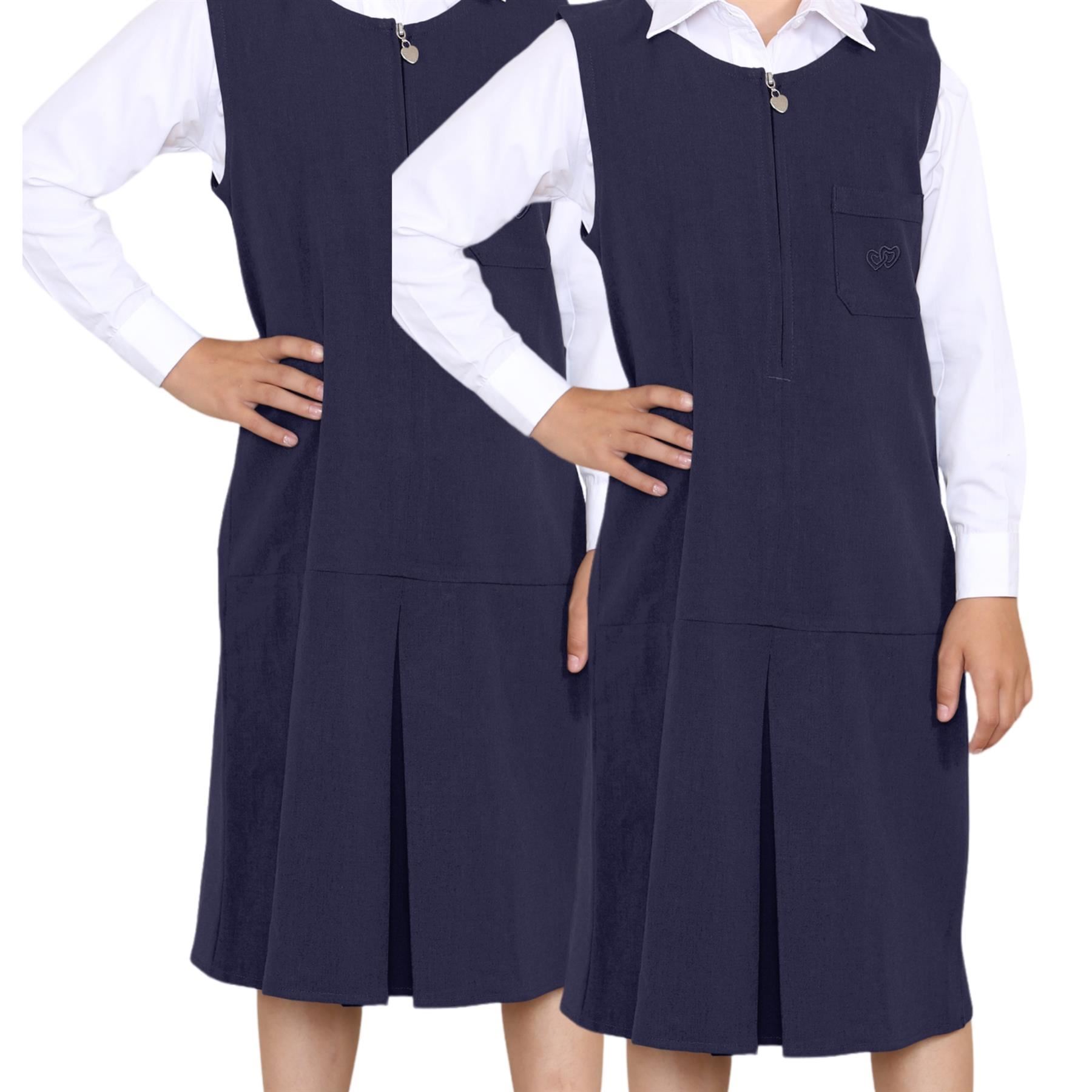 Niñas Vestido Delantal Corazón Bolsillo Plisado Cremallera Uniforme Escolar Vestido Paquete de 2 - Imagen 18 de 25