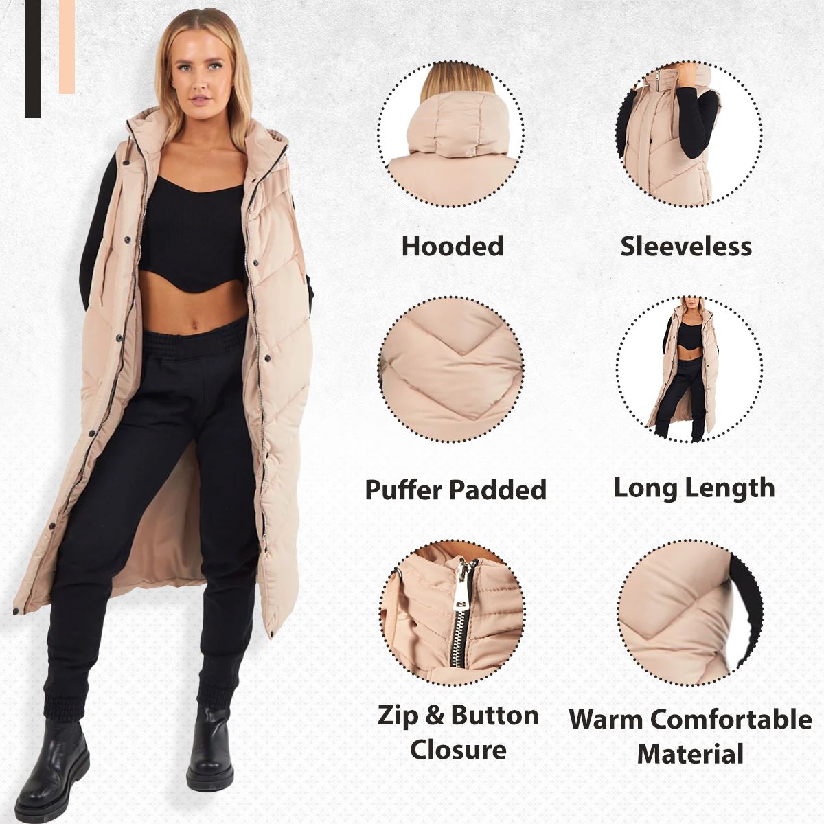Abrigo de invierno largo acolchado sin mangas calentador de cuerpo con capucha con cremallera larga para mujer - Imagen 32 de 33