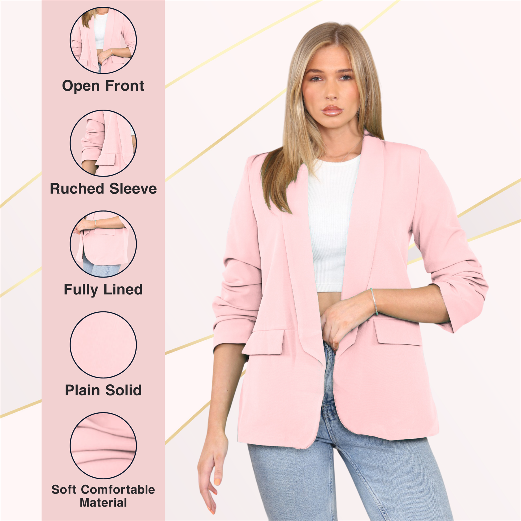 Blazer de manga acanalada para damas totalmente forrado cuello liso informal chaqueta de oficina top - Imagen 54 de 97
