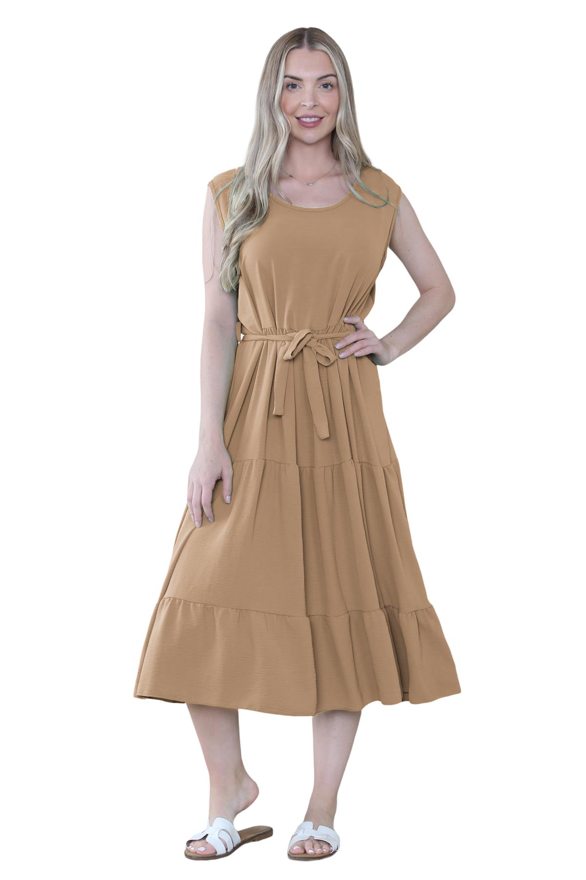 Womens Italian Smock Dress Sleeveless Belted Midi Dress Plain Frill Summer Dress - Picture 29 of 64