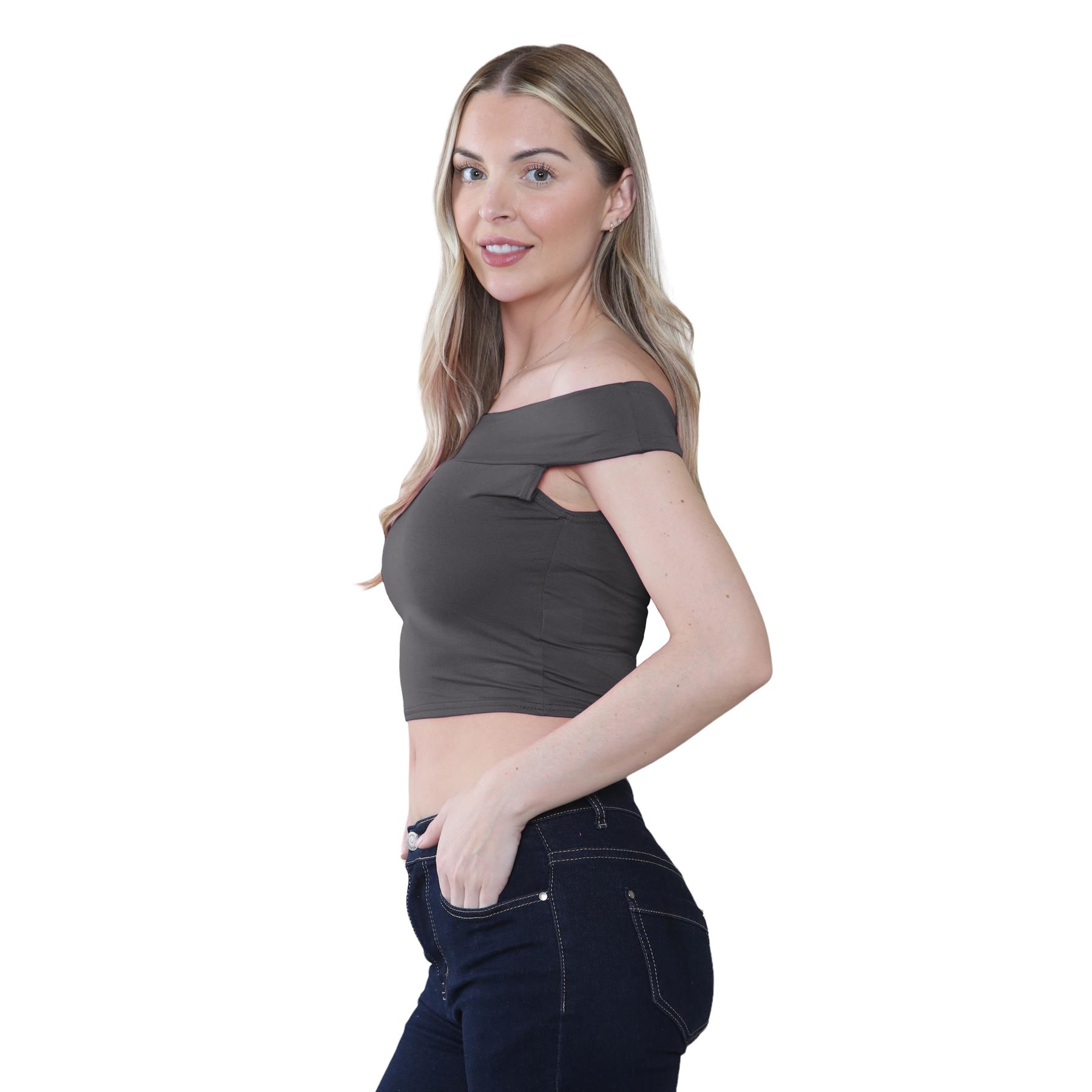 Schulterfreies bauchfreies Damen-T-Shirt Bardot ärmellos schlicht Sommer Freizeit Party - Bild 12 von 71