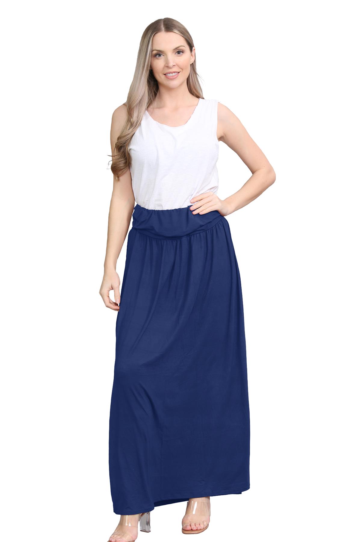 Womens Fold Over Maxi Skirt Plain Pleated Waist Jersey Summer Gypsy Long Skirt - Picture 35 of 68