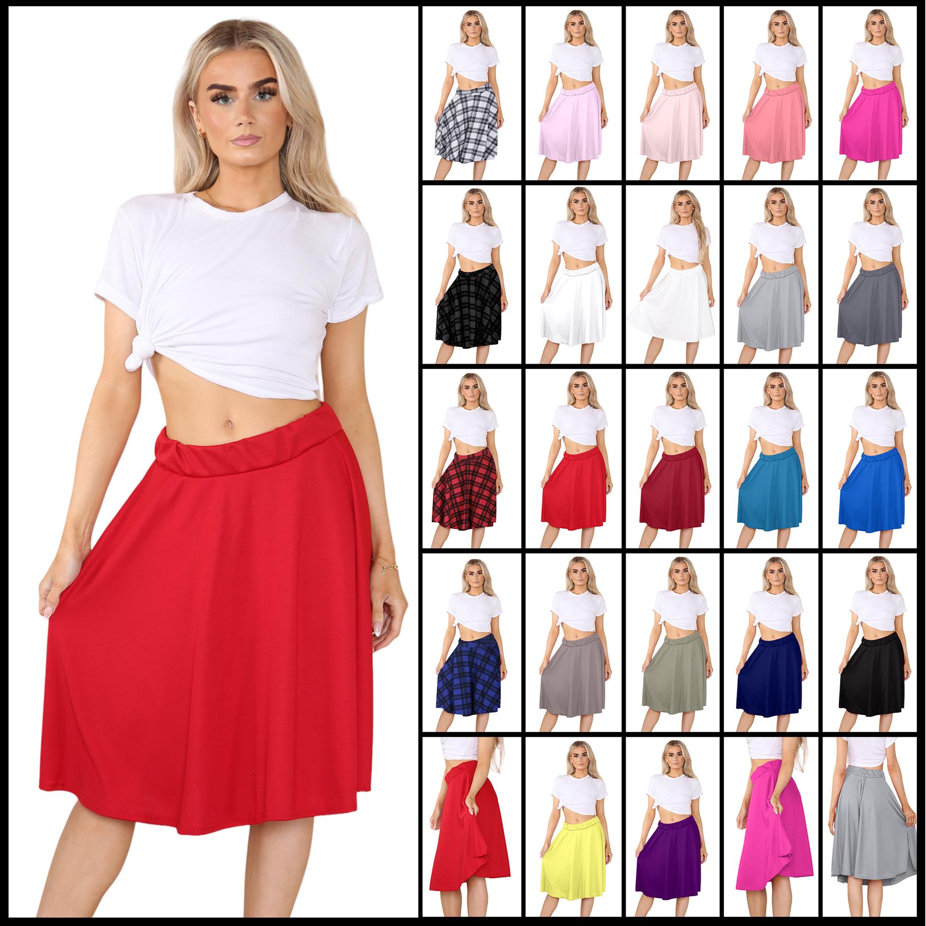 Womens Skater Skirt Plain Knee Length Elasticated Waist