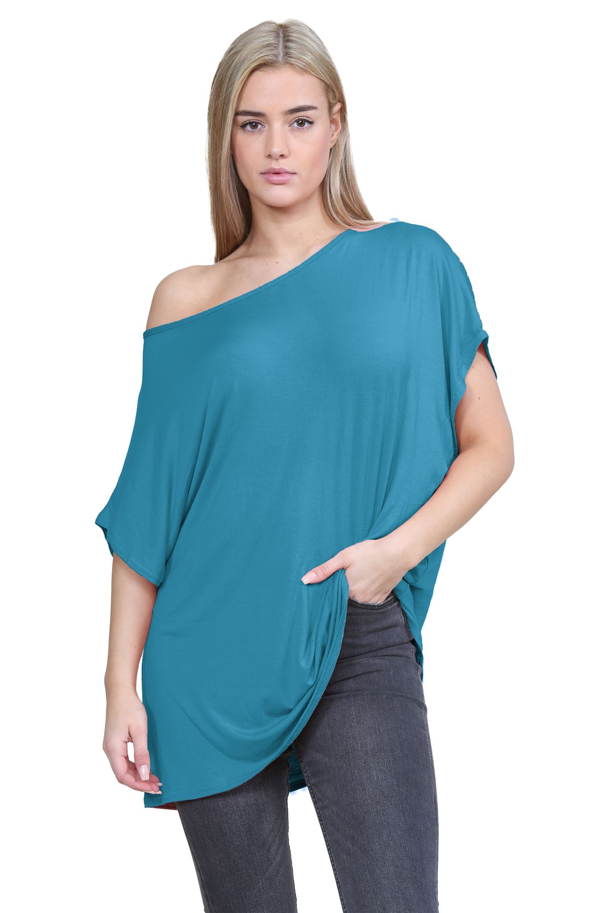 Schulterfreies Damen-T-Shirt Oberteil Fledermausärmel Oversize uni Freizeit Bardot Oberteil - Bild 196 von 225