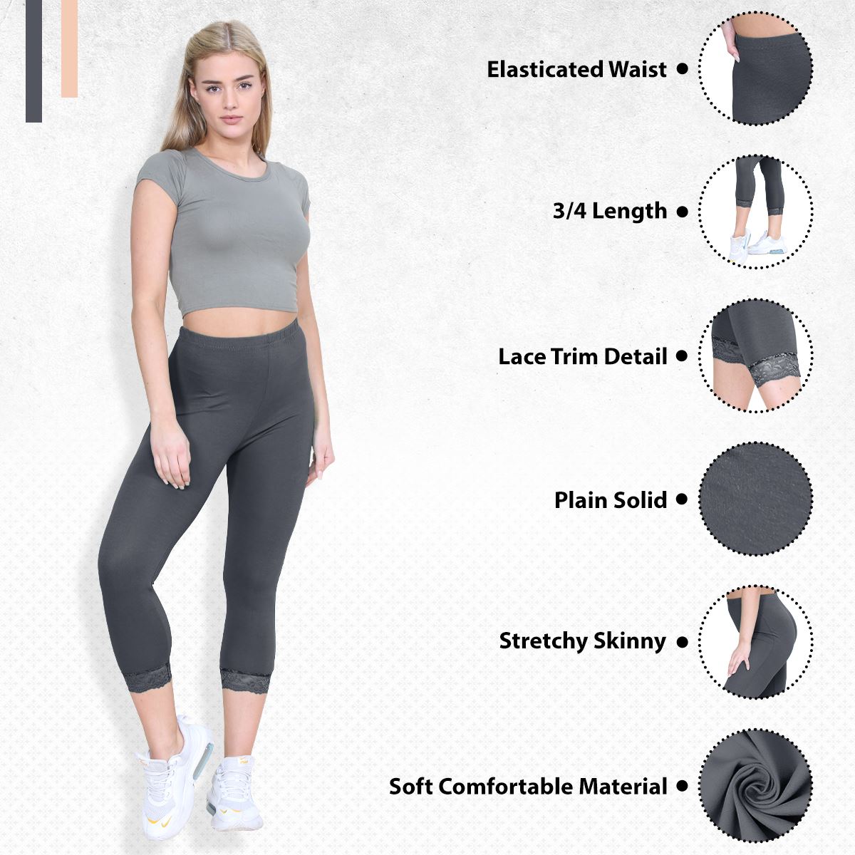 New Ladies Plain Lace Trim Cropped Yoga Stretchy 3/4 Length Capri Leggings Pants - Picture 106 of 132