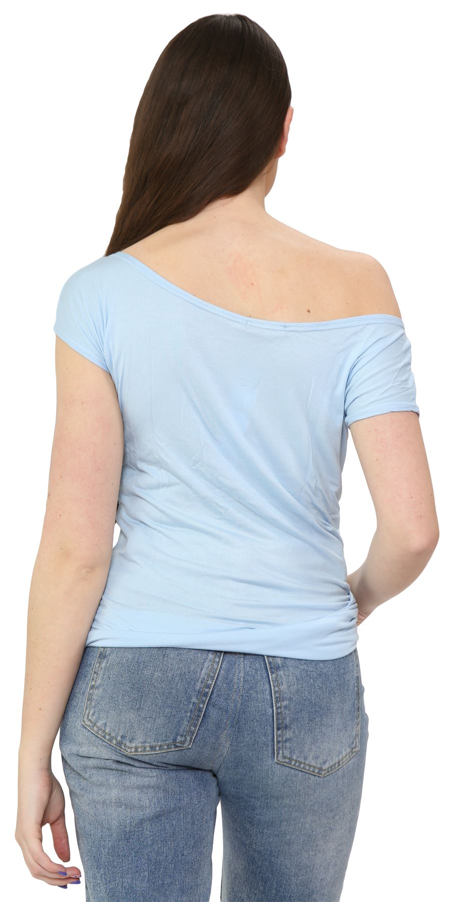 Nuevo Damas Mangas Cortas Hombro Liso Elastizado Calce Ajustado Bardot Camiseta Prenda para el torso - Imagen 45 de 58