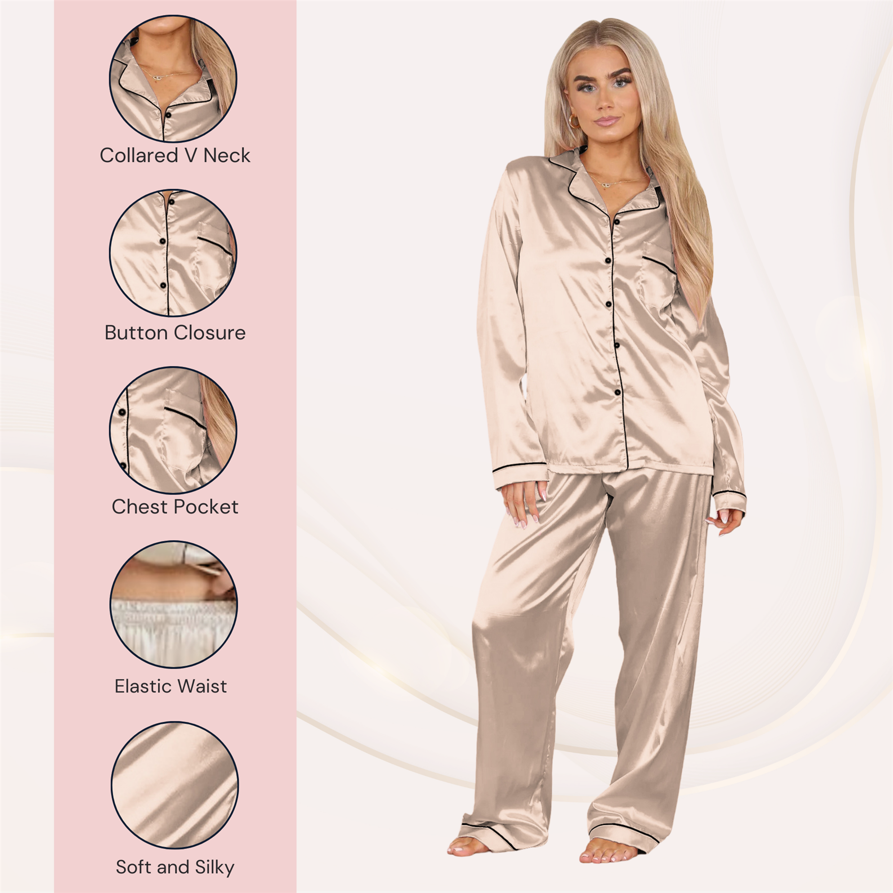 Conjunto de 2 piezas de pijama de satén de manga larga con botones camisa pantalón para damas - Imagen 43 de 43