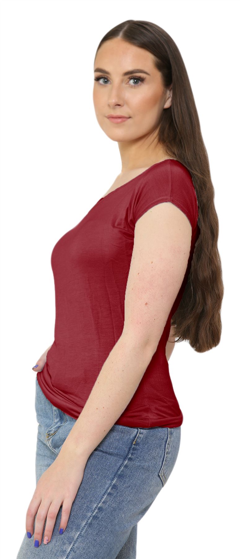 Nuevo Damas Mangas Cortas Hombro Liso Elastizado Calce Ajustado Bardot Camiseta Prenda para el torso - Imagen 55 de 58