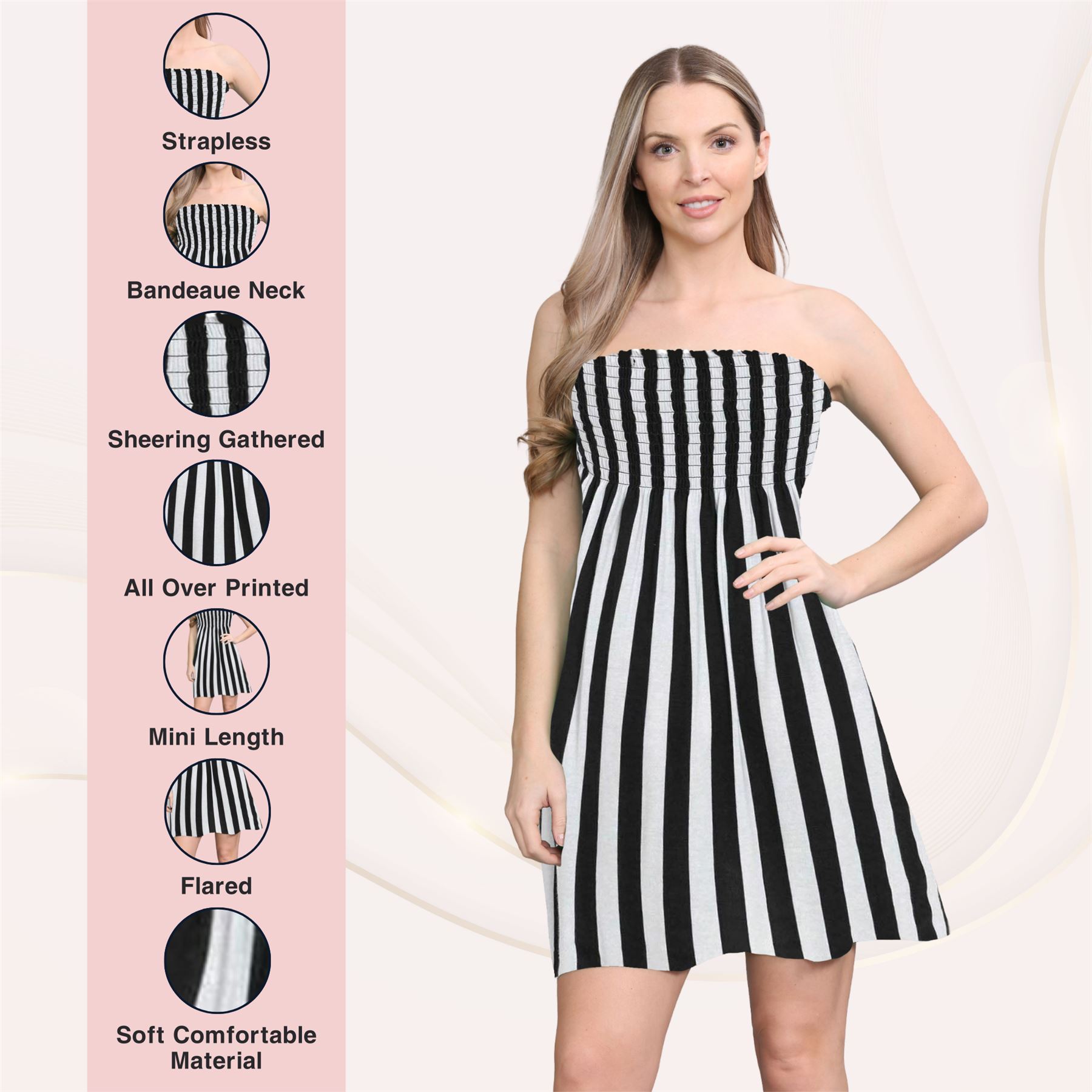 Womens Sheering Mini Dress Printed Gathered Bandeau Top Flare Boobtube Dress Top - Picture 55 of 63