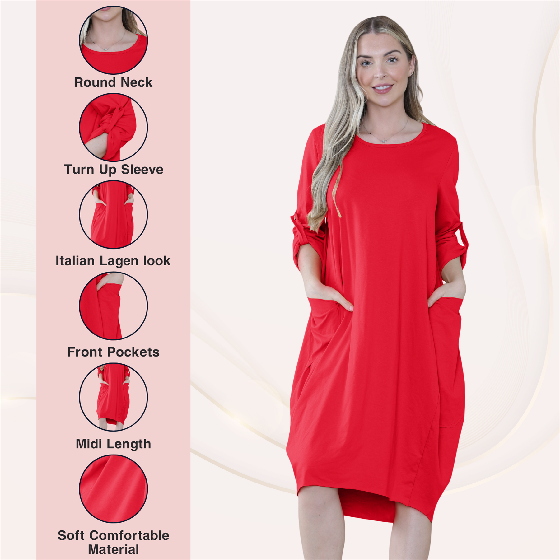 Vestido túnica italiana con mangas giratorias para damas Vestido Lagenlook Bolsillos lisos Vestido holgado - Imagen 38 de 45