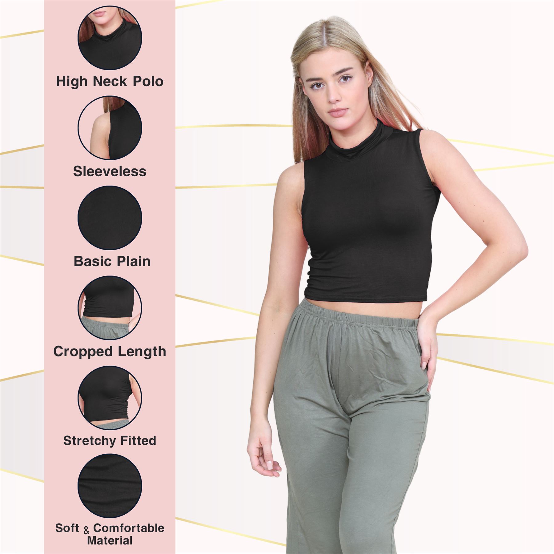 Womens Sleeveless Crop Top Ladies High Turtle Neck Plain Stretchy T-Shirt Vest - Picture 16 of 165