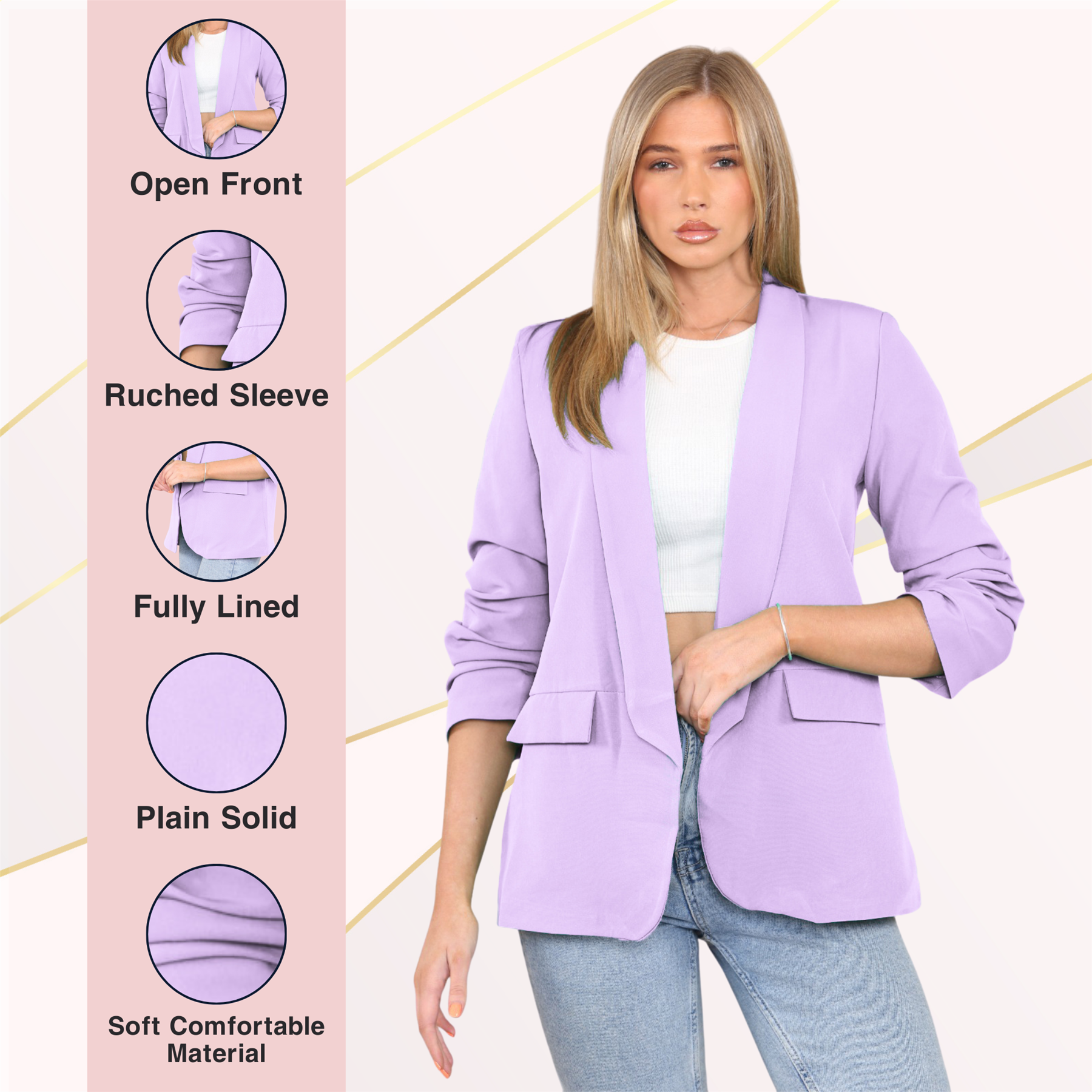 Blazer de manga acanalada para damas totalmente forrado cuello liso informal chaqueta de oficina top - Imagen 36 de 97